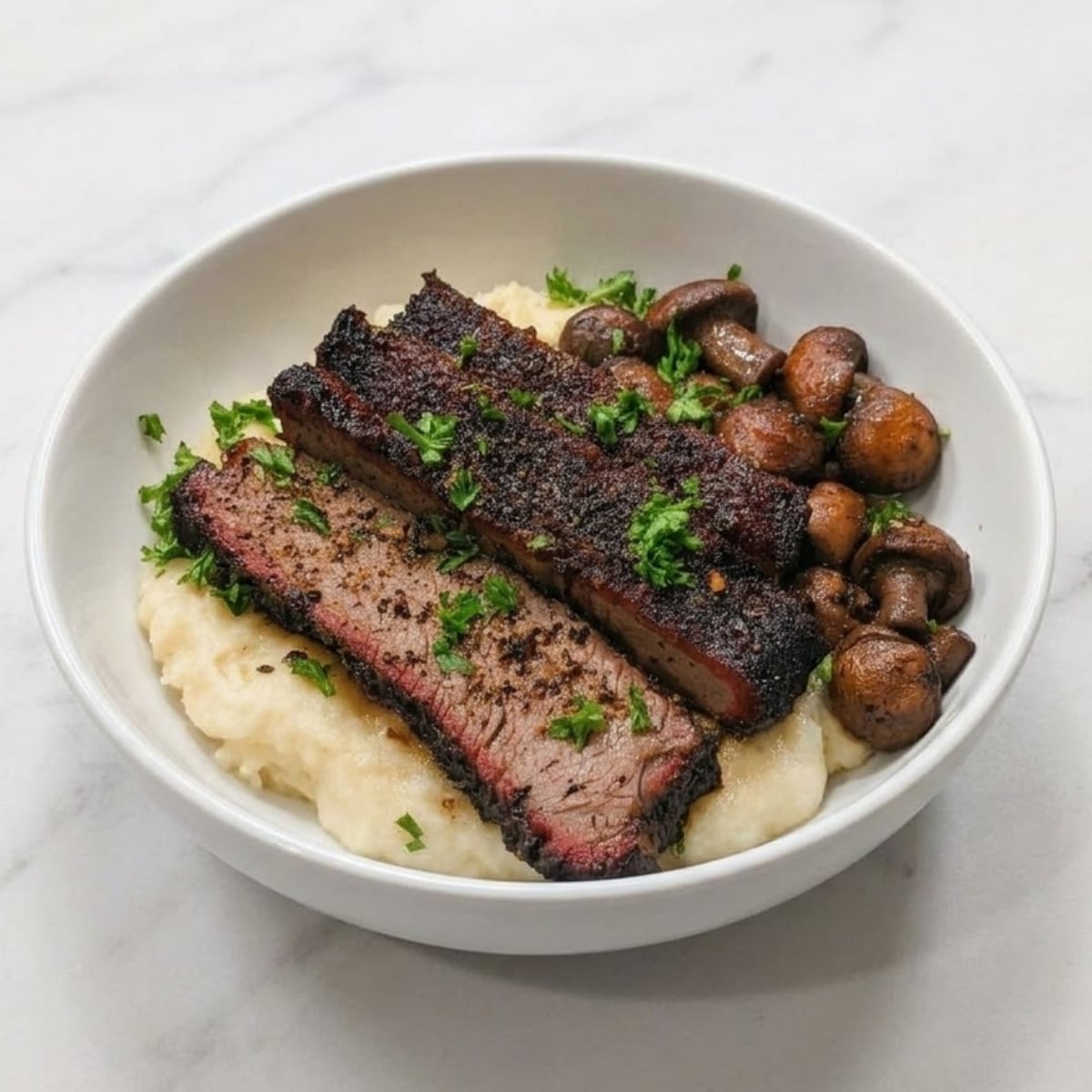 Two thick slices of brisket served over mashed potatoes with a side of sautéed mushrooms and fresh parsley.