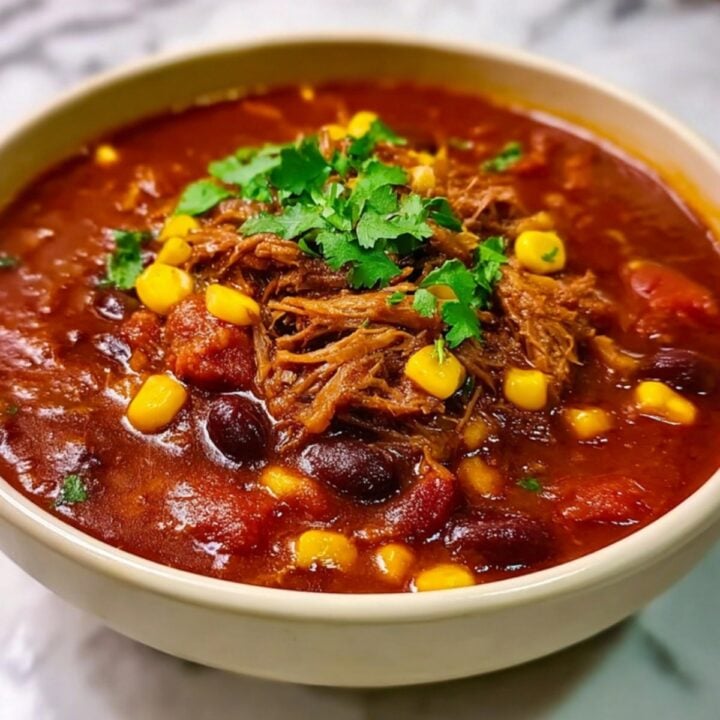 A bowl of chili with tender, pull-apart smoked brisket piled in the center, garnished with fresh cilantro and corn.