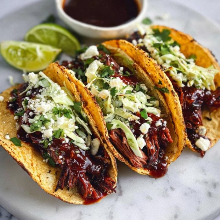 A detailed close-up showing the texture of juicy smoked brisket topped with creamy slaw and fresh cilantro.