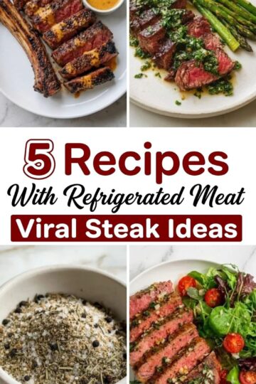 Collage of juicy sliced steak, grilled asparagus, seasoning mix, and plated steak dishes with text "5 Recipes With Refrigerated Meat Viral Steak Ideas"