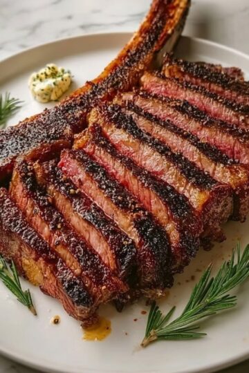 The final smoked tomahawk steak recipe served sliced on a platter with herb butter and fresh rosemary sprigs.