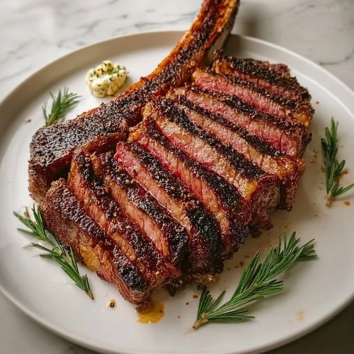 The final smoked tomahawk steak recipe served sliced on a platter with herb butter and fresh rosemary sprigs.