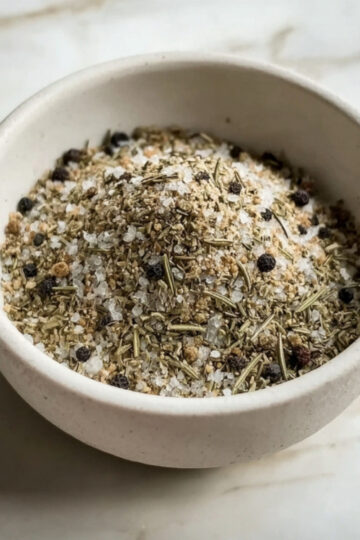 A close-up shot of a small ceramic bowl filled with a coarse Smoked Tomahawk Steak Rub featuring sea salt, peppercorns, and dried herbs.