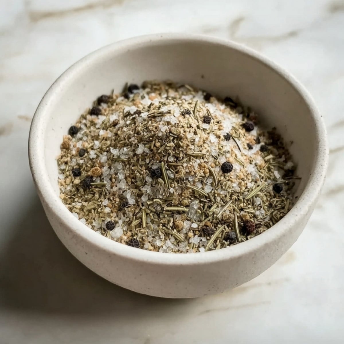 A close-up shot of a small ceramic bowl filled with a coarse Smoked Tomahawk Steak Rub featuring sea salt, peppercorns, and dried herbs.