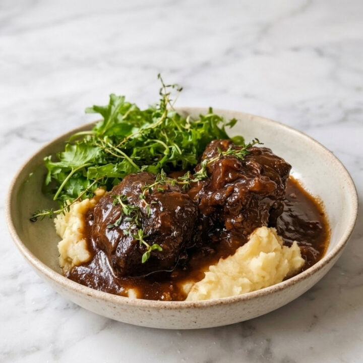 A final plated dish of fall-apart tender Spanish beef cheeks in a thick gravy, served with mashed potatoes and fresh greens on a marble table.