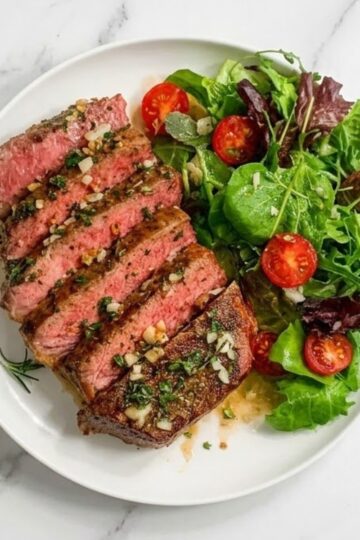 Overhead view of a white plate featuring sliced medium-rare smoked tomahawk steak topped with garlic herbs alongside a leafy green salad with cherry tomatoes.