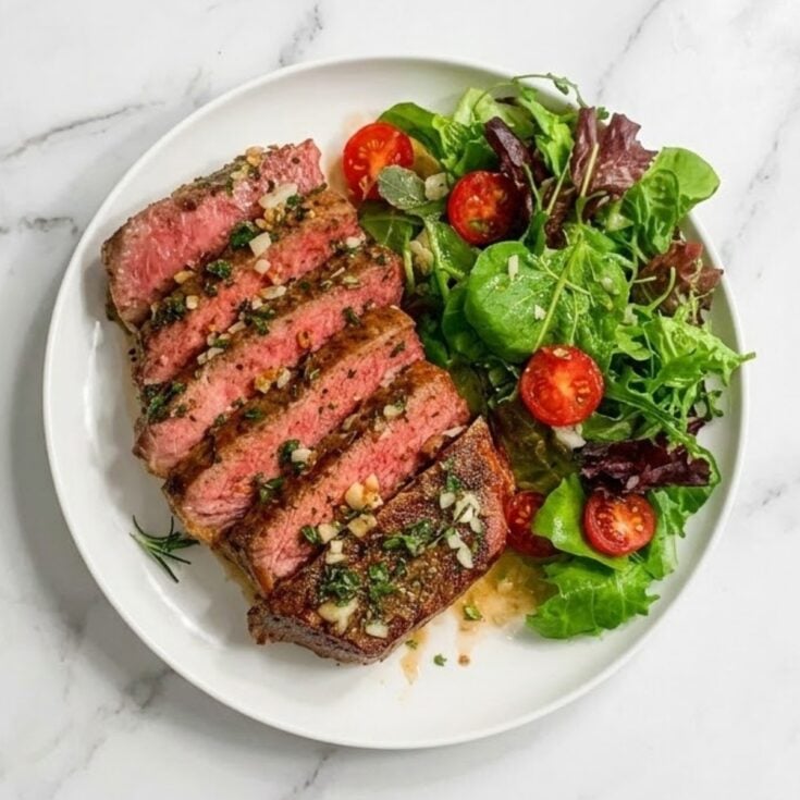 Overhead view of a white plate featuring sliced medium-rare smoked tomahawk steak topped with garlic herbs alongside a leafy green salad with cherry tomatoes.