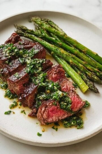 A high-angle shot of a white plate featuring sliced, juicy smoked tomahawk steak drizzled with a vibrant green herb sauce, served with a side of charred green asparagus on a marble background.