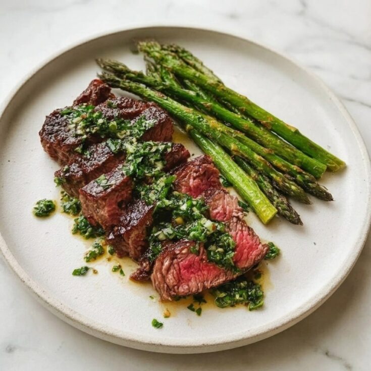 A high-angle shot of a white plate featuring sliced, juicy smoked tomahawk steak drizzled with a vibrant green herb sauce, served with a side of charred green asparagus on a marble background.