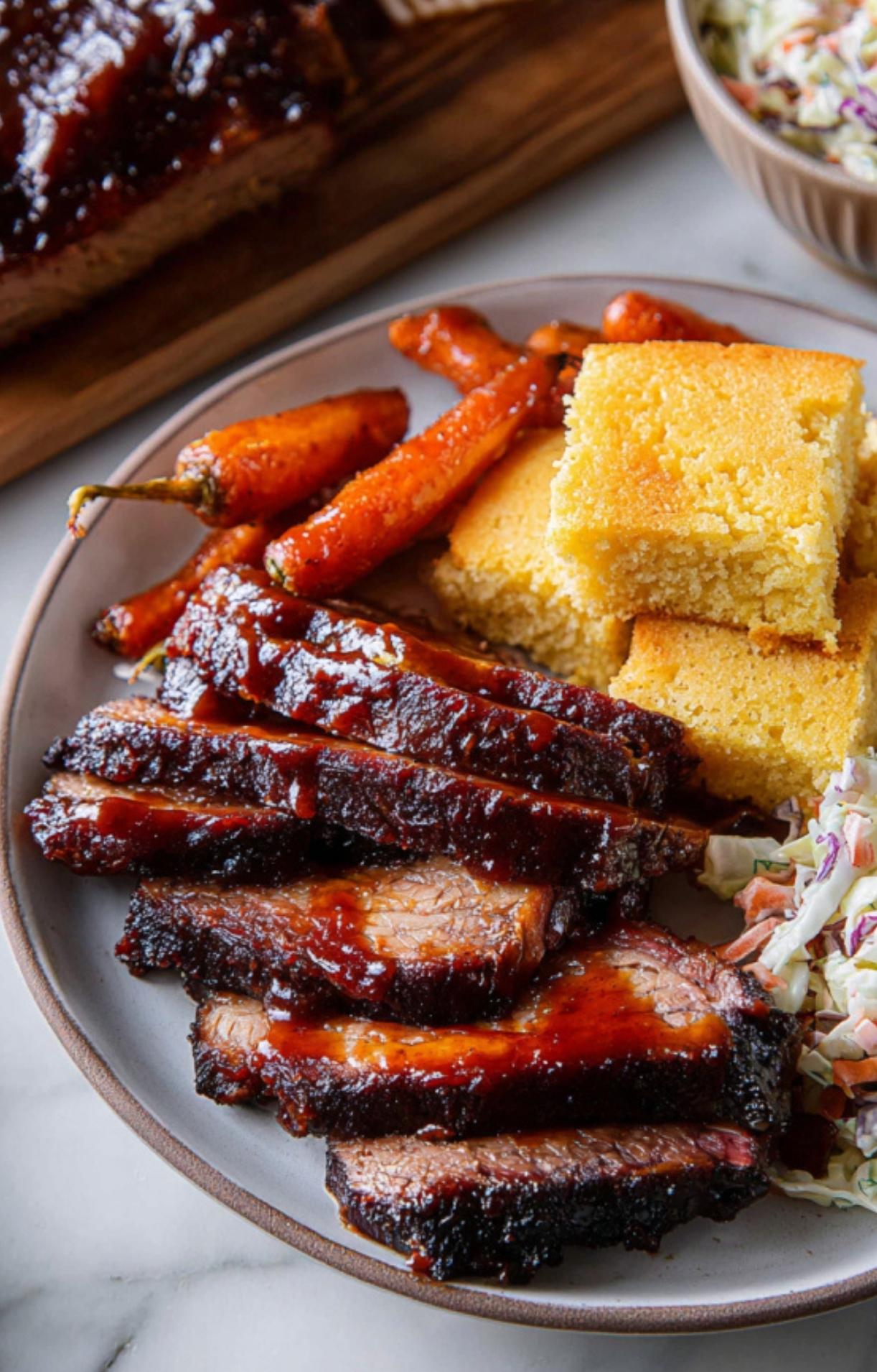 A delicious plate of sliced oven smoked beef brisket covered in barbecue sauce, served with squares of cornbread, roasted carrots, and a side of coleslaw.