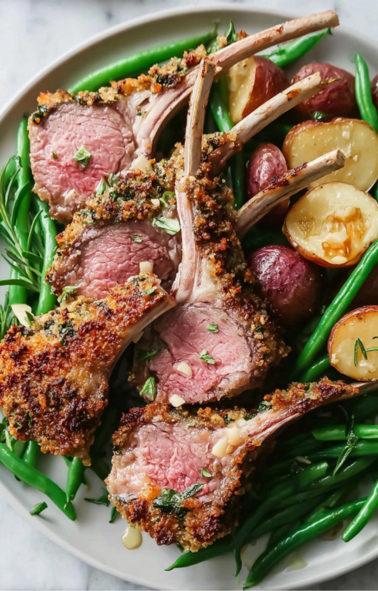 A detailed view of juicy, pink lamb chops with a golden-brown herb crust served over a bed of green beans.