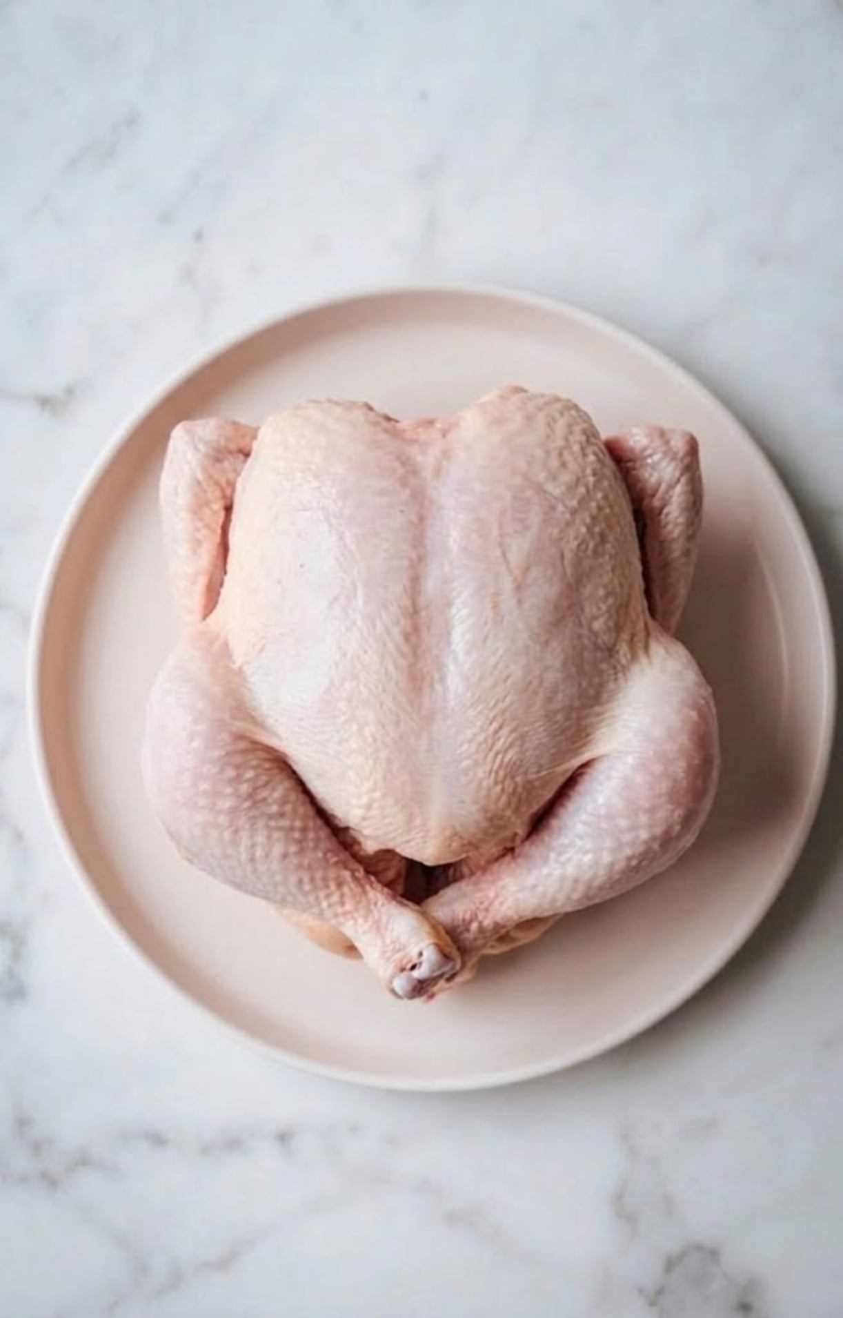 A fresh, raw whole chicken prepared on a light pink plate for a Weber Beer Can Chicken recipe.