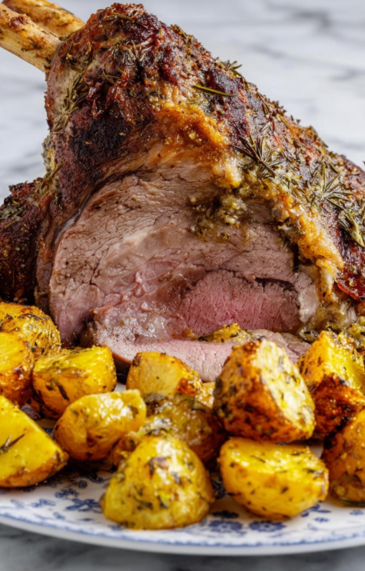 A close-up cross-section of a juicy, medium-cooked leg of lamb with a crispy herb crust, served with roasted potatoes.