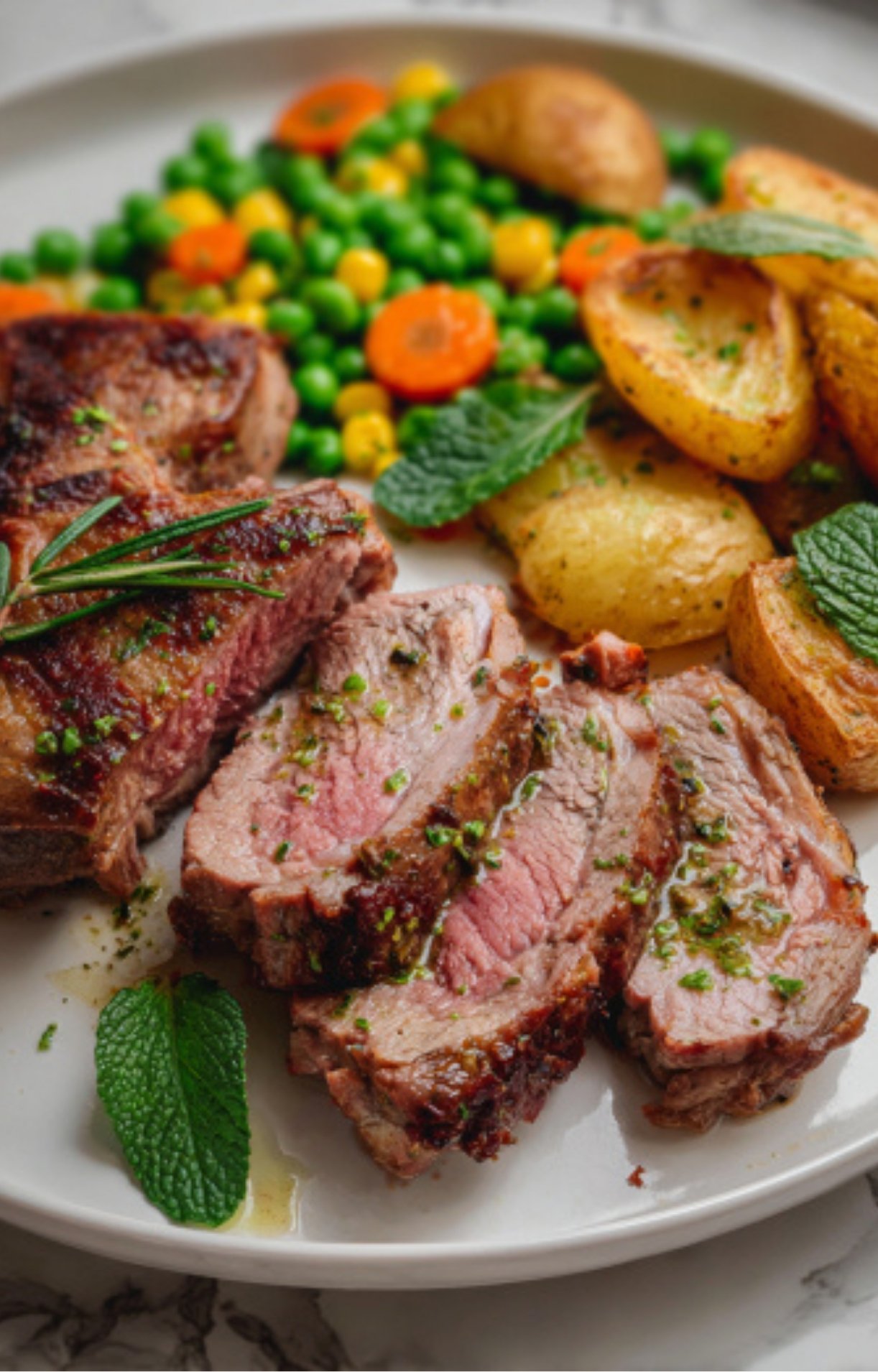 A plated meal featuring sliced lamb steaks, roasted potatoes, and a side of peas and carrots on a marble surface.
