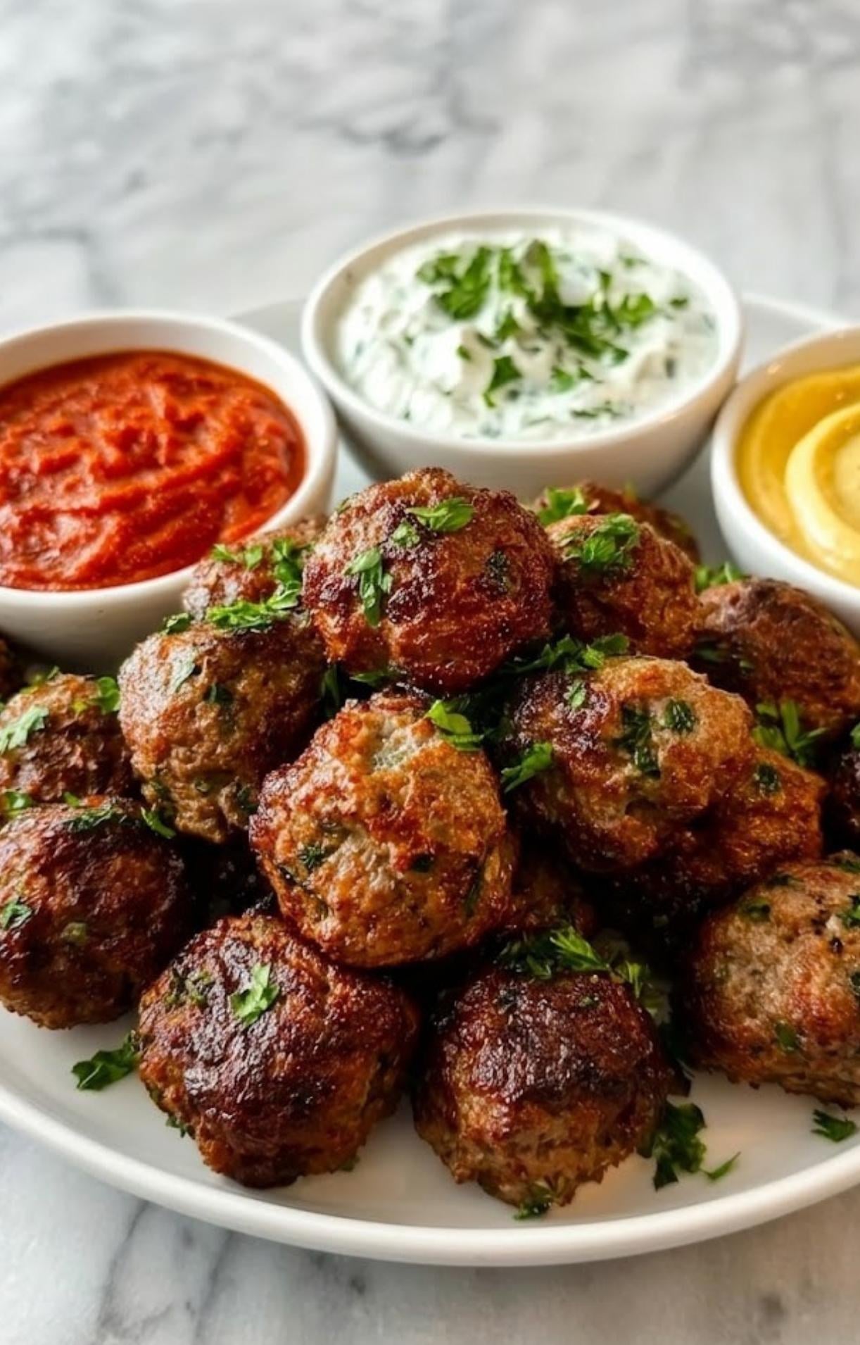 A close-up shot of a platter of juicy lamb meatballs served with three dipping sauces: tzatziki, harissa, and hummus.
