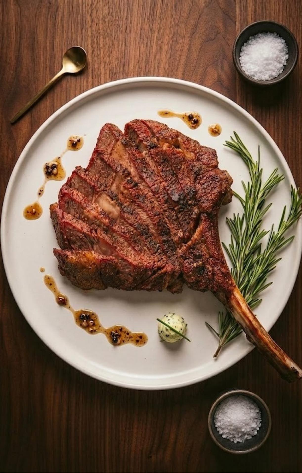 A sliced smoked tomahawk steak plated with herb butter, rosemary, and a decorative sauce drizzle.