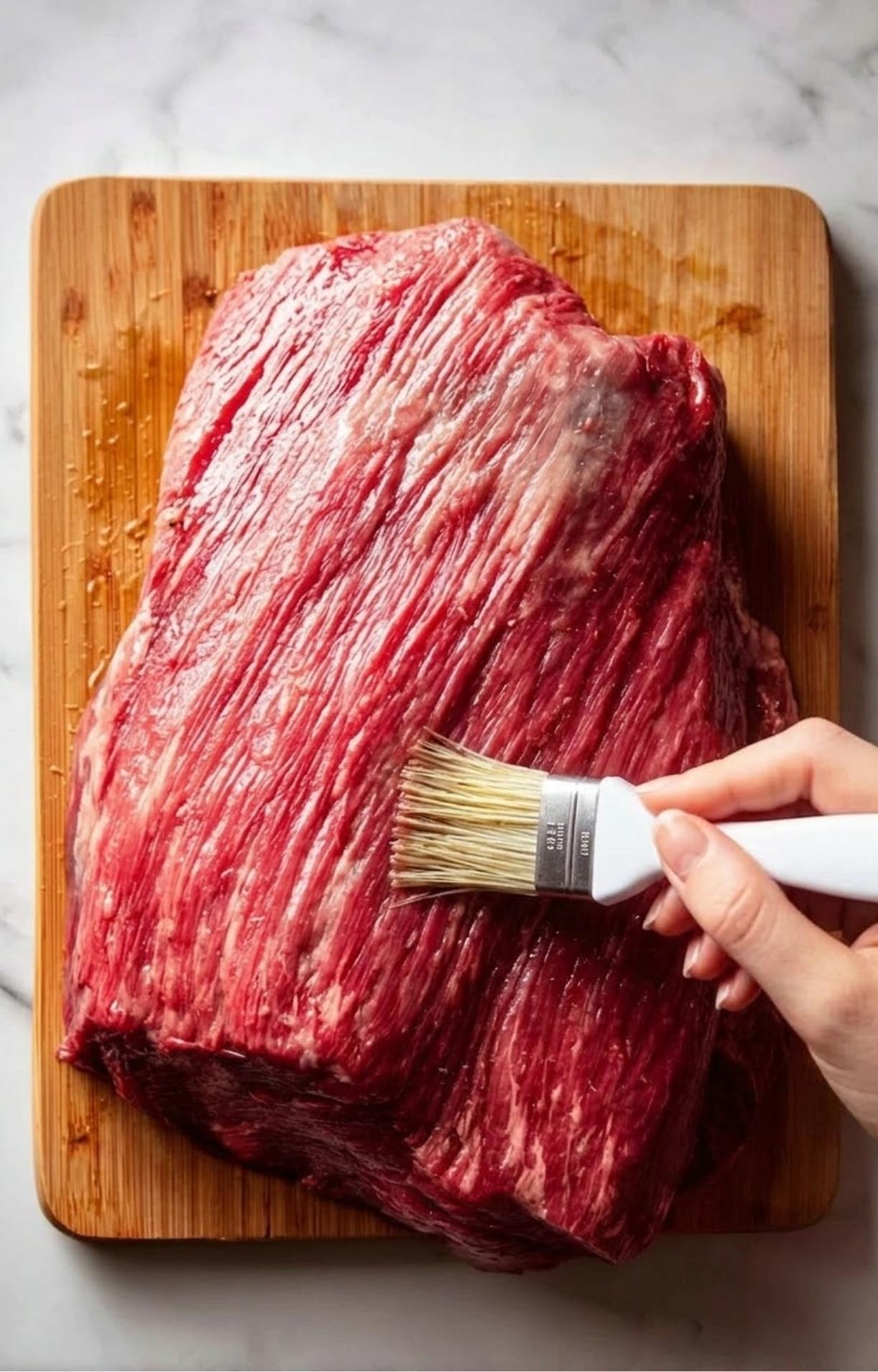 A hand using a pastry brush to apply oil to a raw beef brisket to help the seasoning stick for Electric Smoker Beef Brisket.