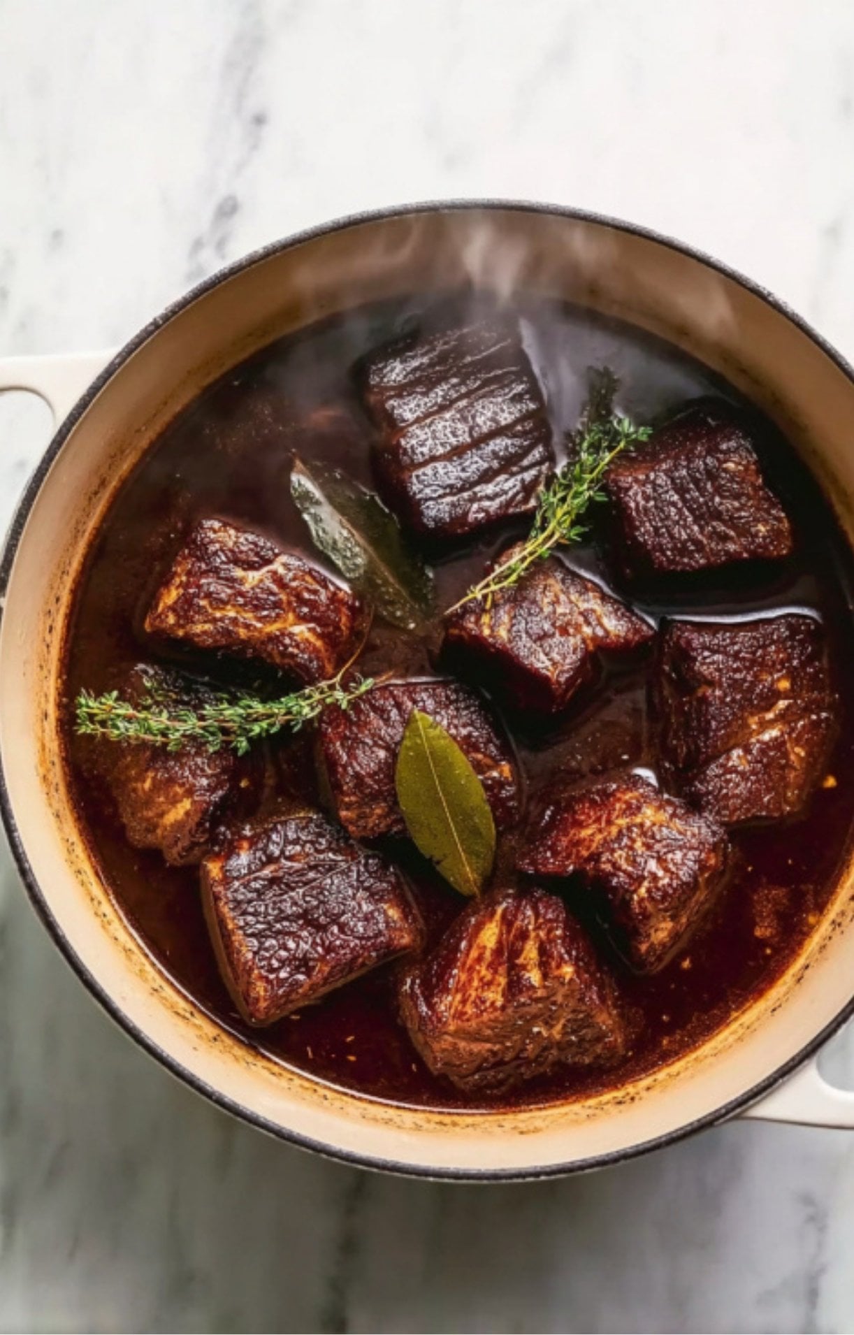 Tender, braised wagyu beef cheeks resting in a dark, glossy sauce inside a white Dutch oven.