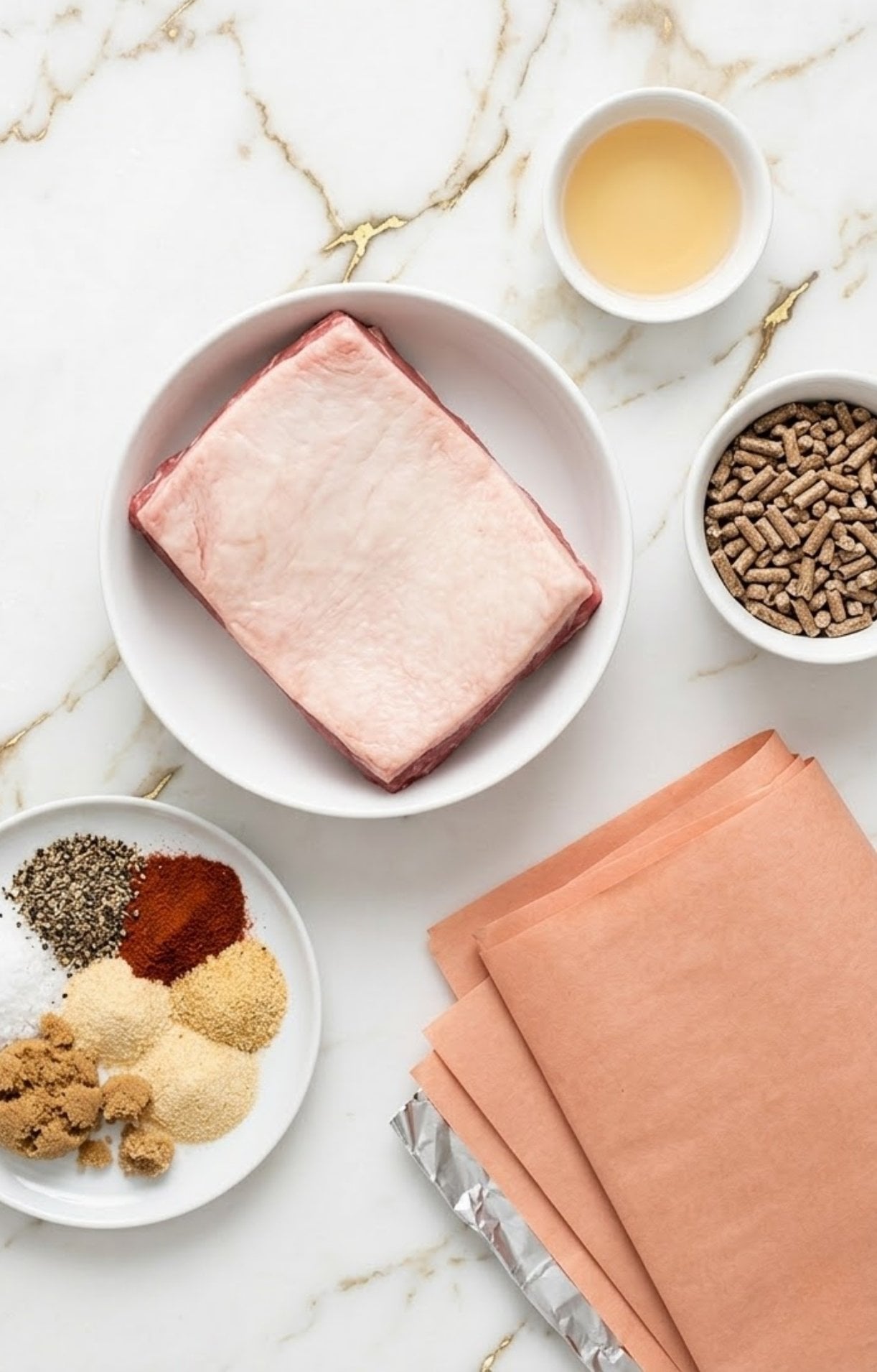 Overhead view of raw beef brisket, wood pellets, butcher paper, and a variety of spices including paprika, black pepper, and brown sugar.
