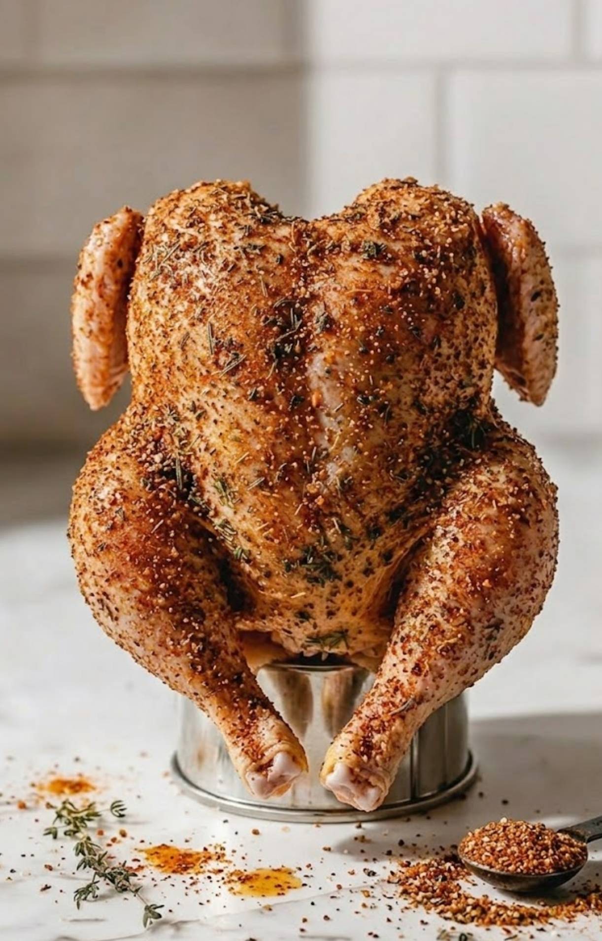 A raw whole chicken upright on a metal can, thoroughly coated in a vibrant red spice rub and dried herbs for Beer Can Chicken.