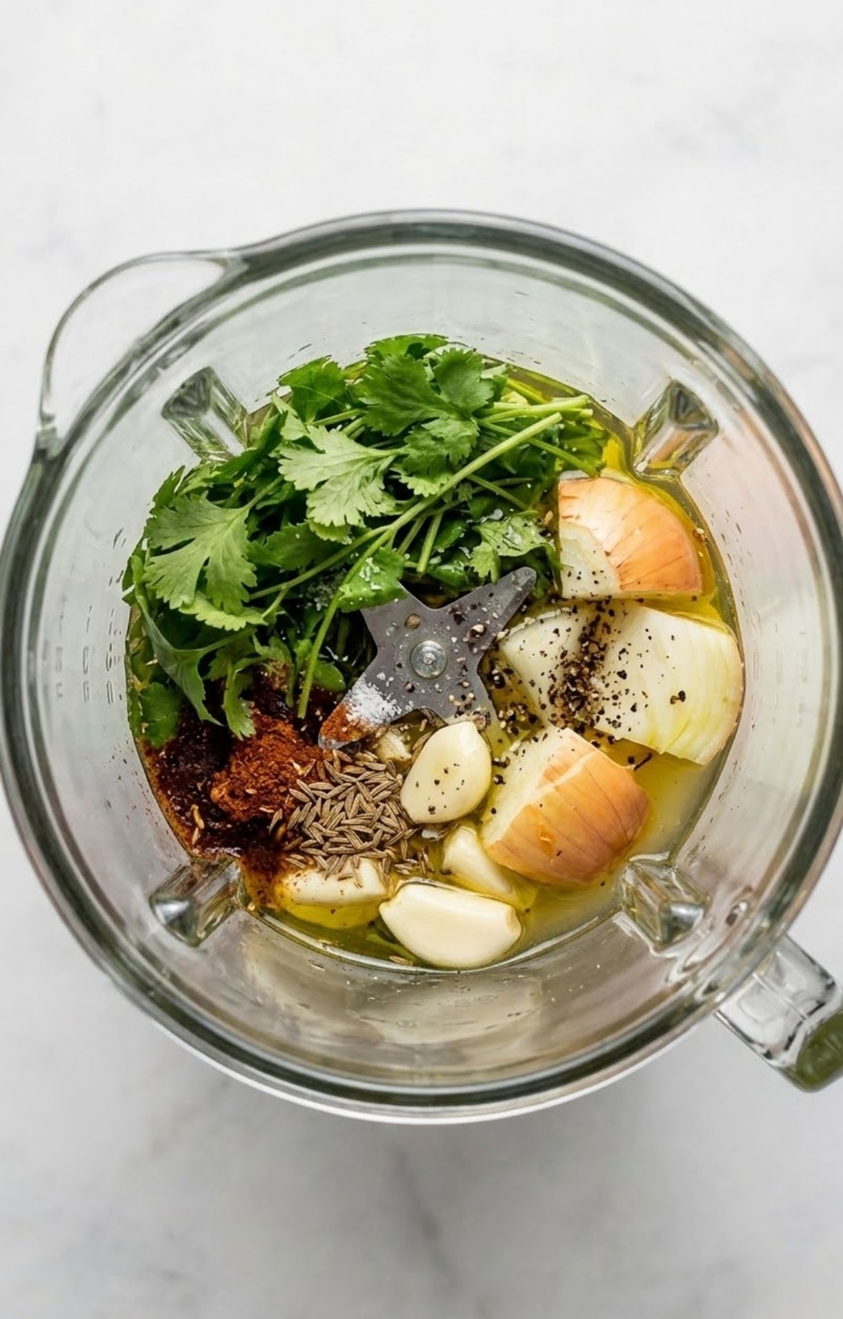 A top-down view of a blender jar filled with fresh cilantro, garlic cloves, chopped onions, cumin seeds, and oil ready to be processed.