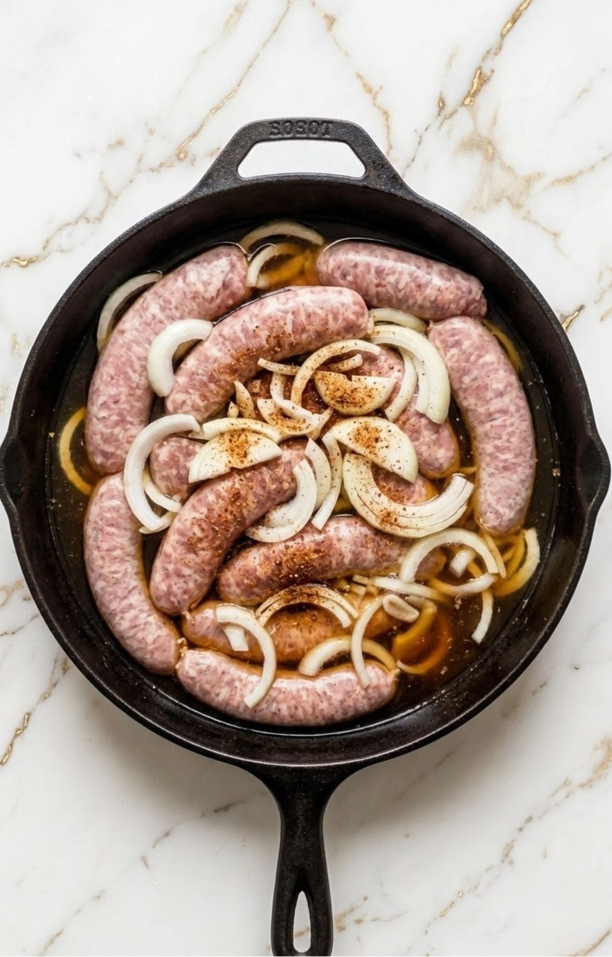 Raw bratwurst and onions arranged in a cast iron skillet with beer marinade and a sprinkle of brown sugar.