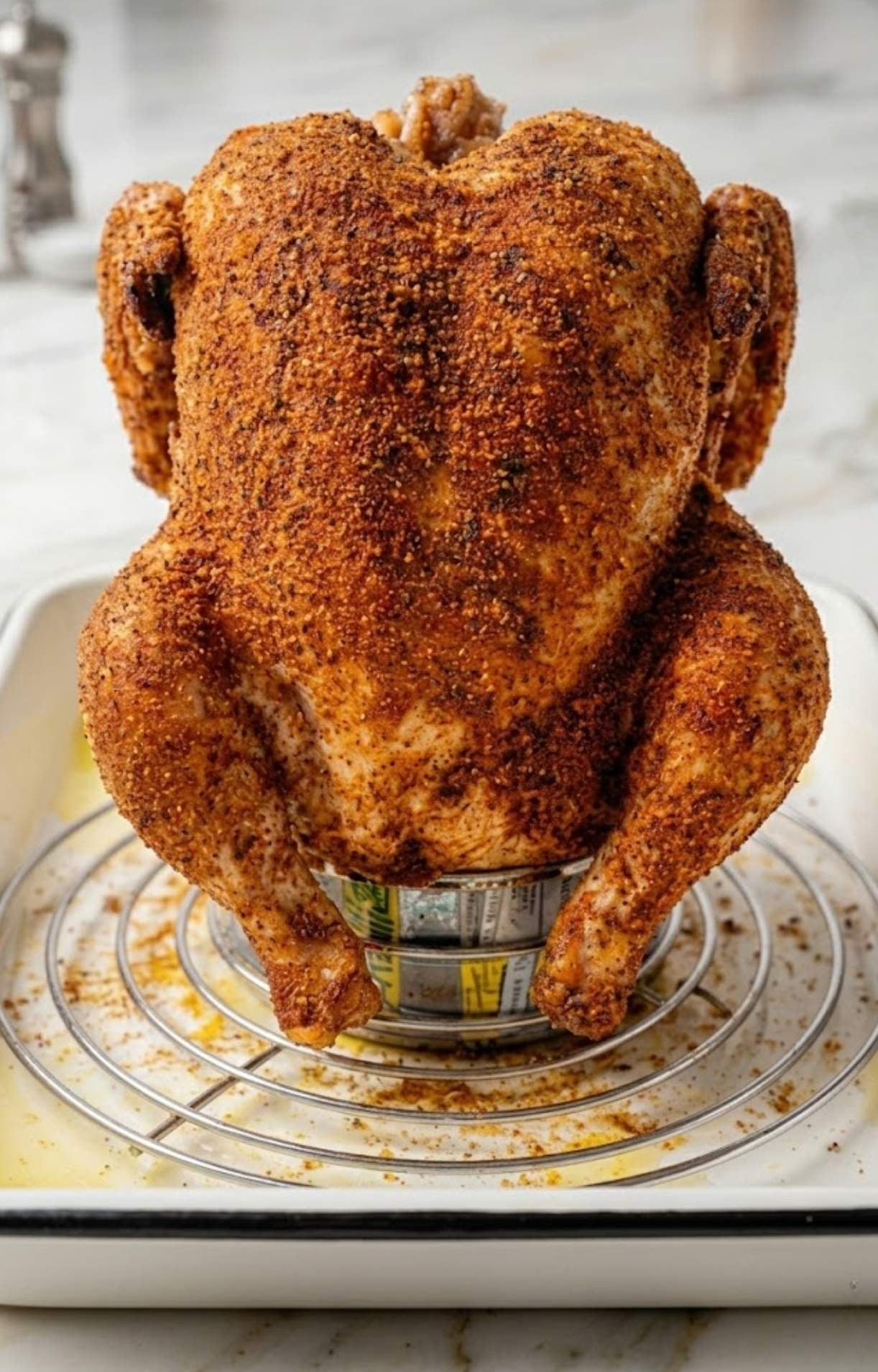 A seasoned whole chicken propped upright on a beer can inside a roasting pan, prepared for cooking in the oven.