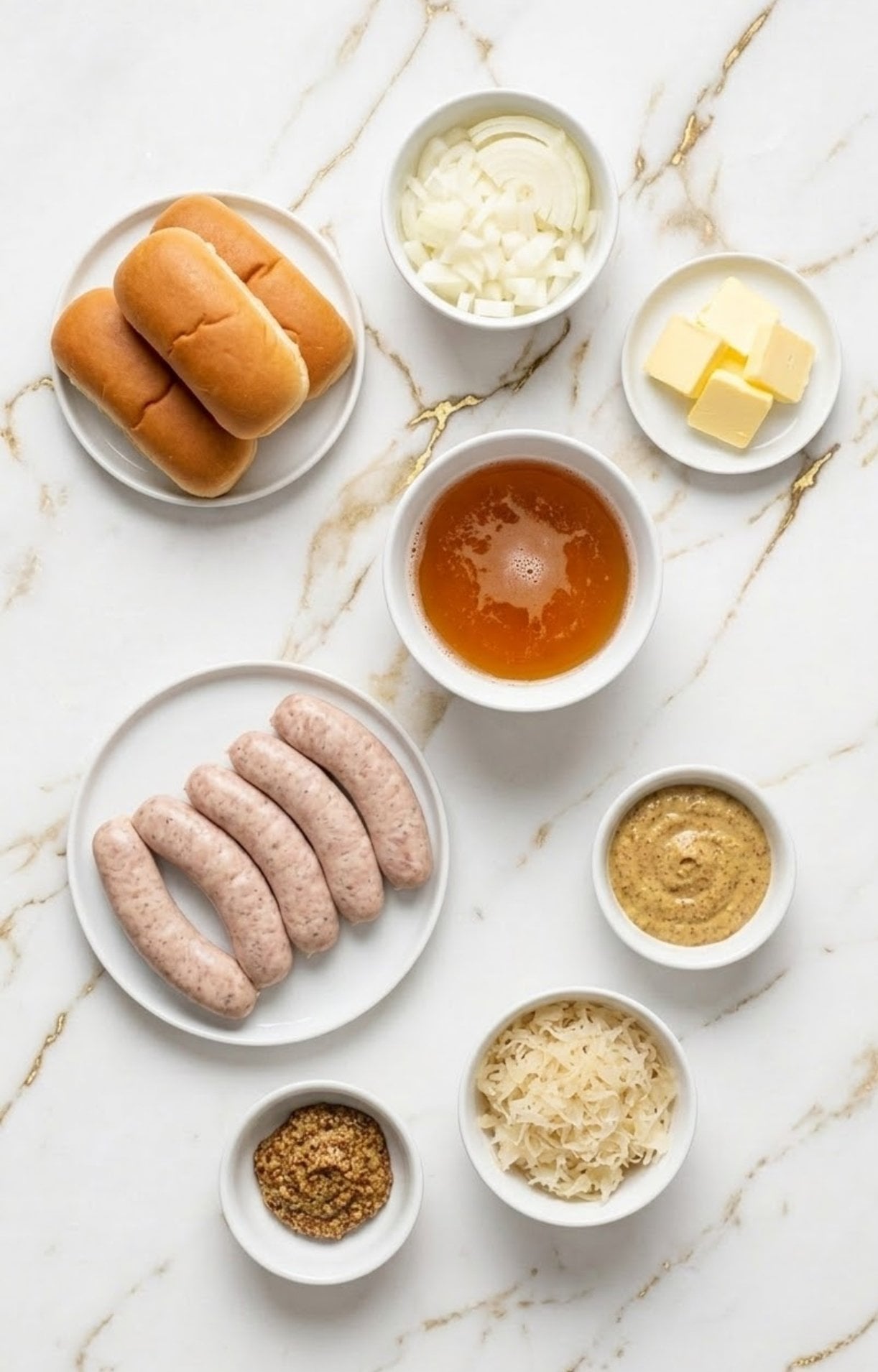 A flat-lay view of ingredients including raw bratwurst, hot dog buns, a bowl of beer, sliced onions, butter, sauerkraut, and two types of mustard.