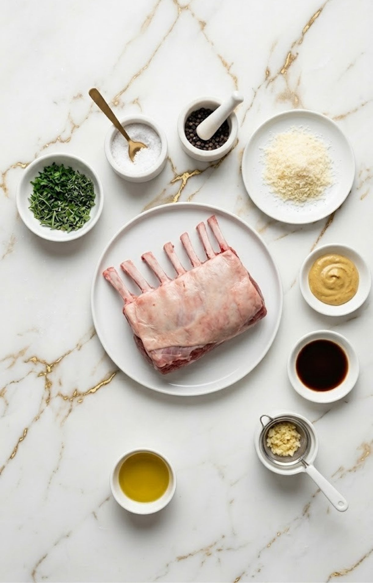 A top-down view of a raw rack of lamb surrounded by small bowls of herbs, salt, peppercorns, breadcrumbs, mustard, balsamic vinegar, garlic, and oil.
