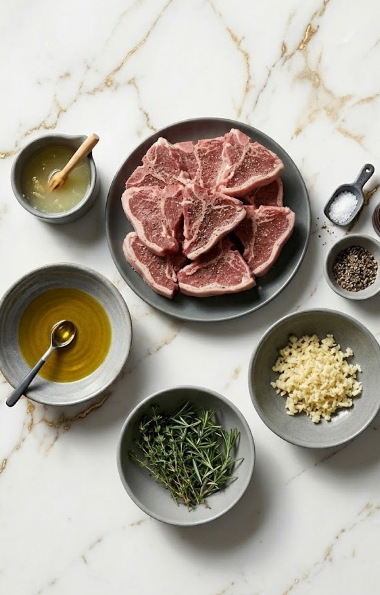Raw lamb loin chops on a dark plate surrounded by bowls of olive oil, minced garlic, fresh rosemary, thyme, salt, and pepper on a white marble surface.