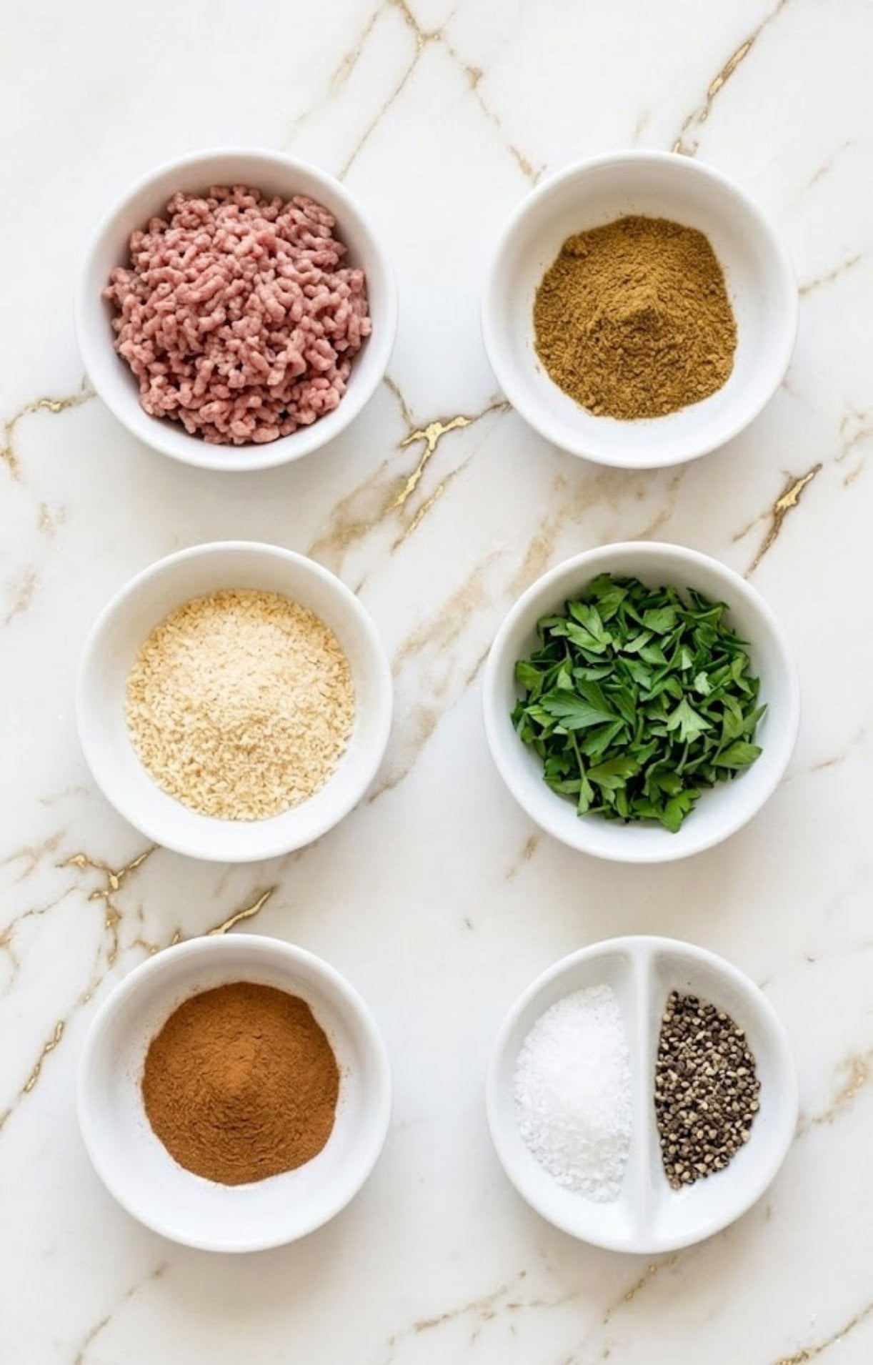 An organized overhead shot of small bowls containing ground lamb, breadcrumbs, parsley, cumin, cinnamon, salt, and pepper.