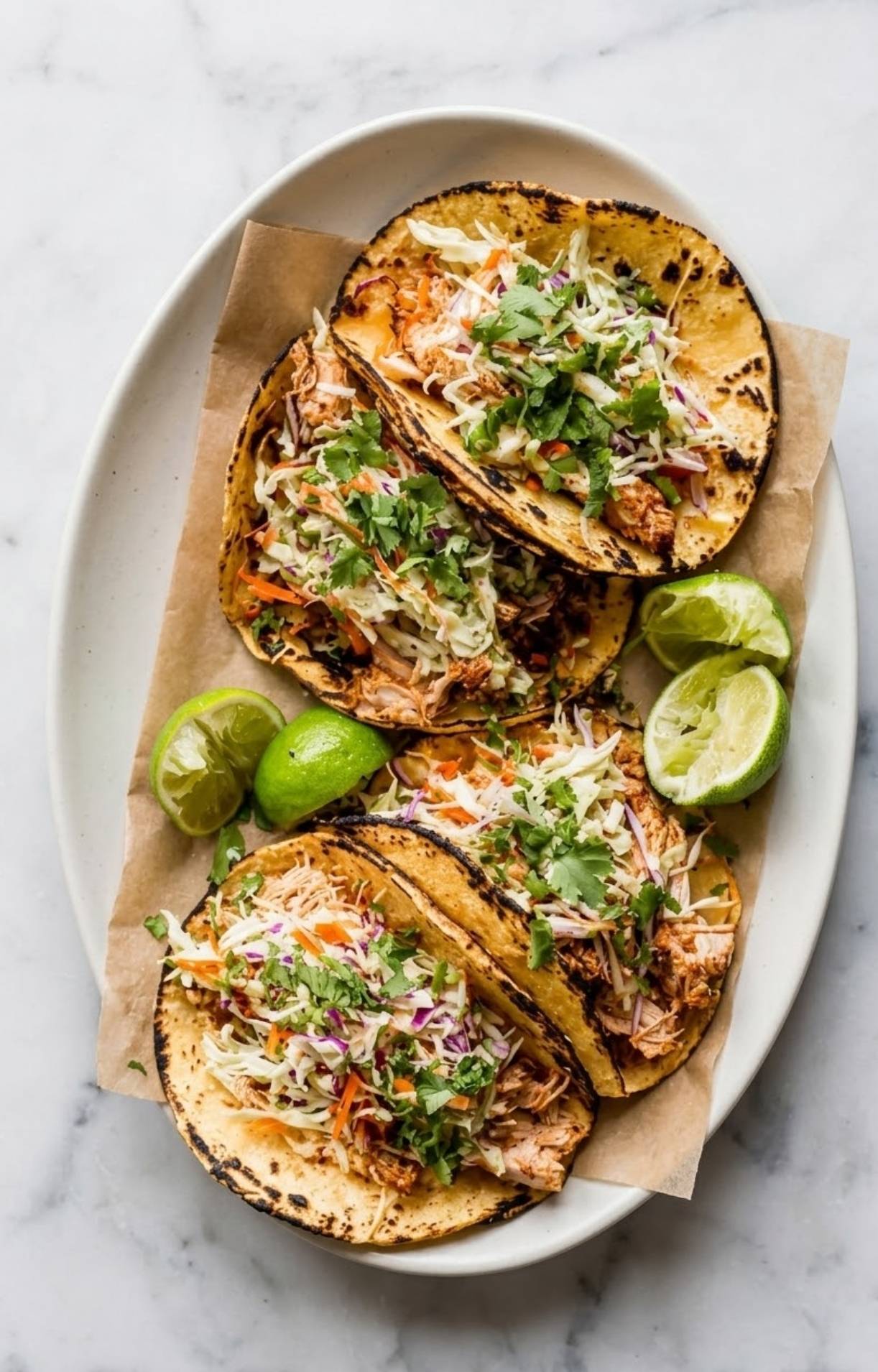 A detailed, high-angle shot of a rustic plate holding three tacos overflowing with juicy chicken and zesty vegetable slaw, garnished with lime and cilantro.