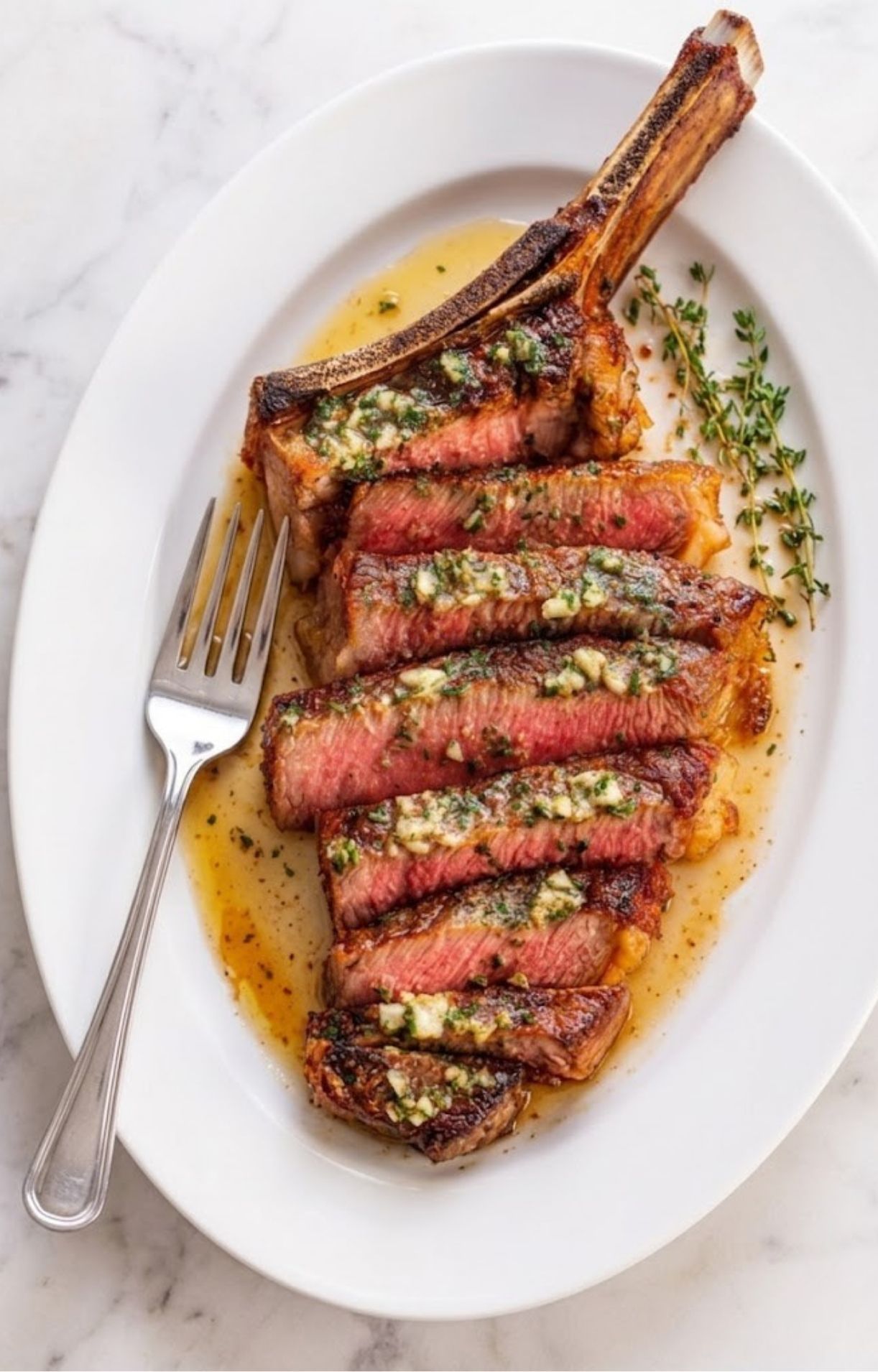 A whole sliced tomahawk steak arranged on a white platter with herb butter drippings and thyme.