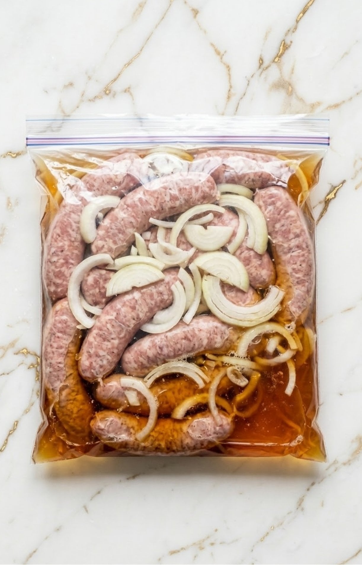 Raw bratwurst sausages and sliced onions soaking in a beer marinade inside a sealed plastic gallon bag.