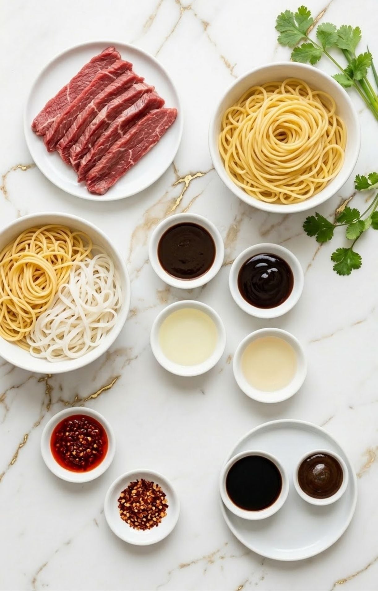 A top-down view of fresh ingredients for Beijing Beef Noodles, featuring sliced raw beef, mounds of noodles, various soy-based sauces, chili flakes, oil, and fresh cilantro on a marble surface.