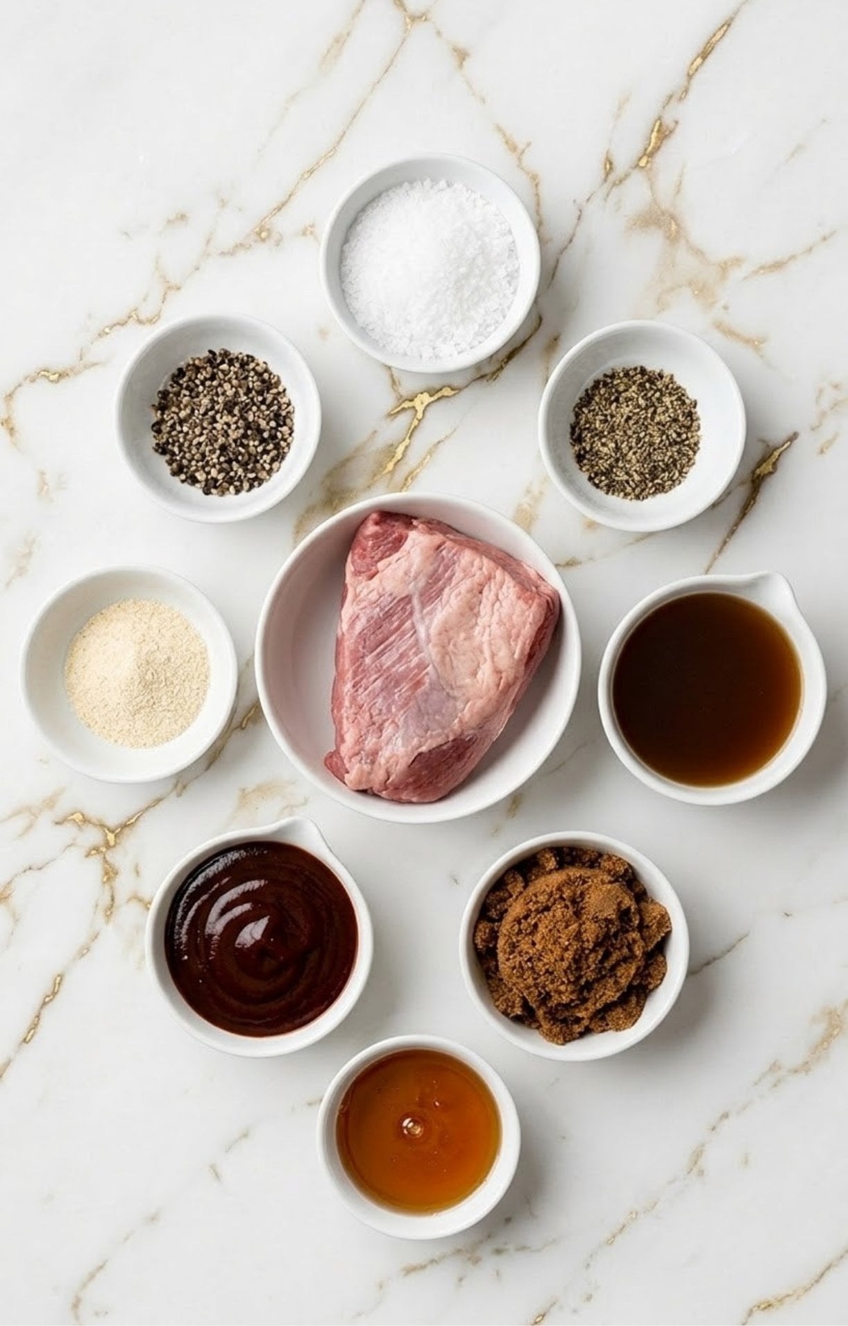 An overhead view of various ingredients in small white bowls, including beef, BBQ sauce, brown sugar, and spices for Smoked Beef Brisket Burnt Ends.