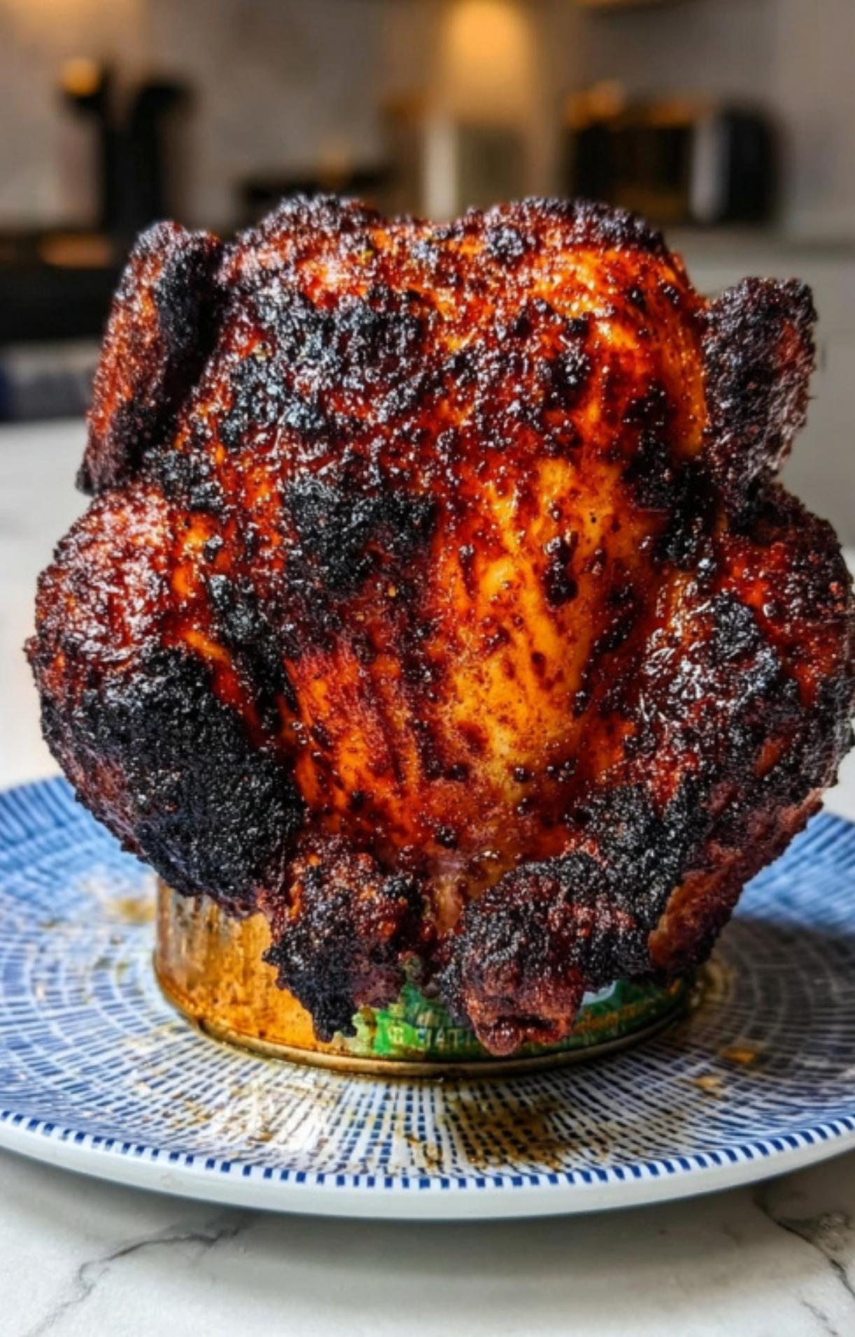 A perfectly roasted beer can chicken with dark, crispy skin standing upright on a blue patterned plate after being cooked in the oven.