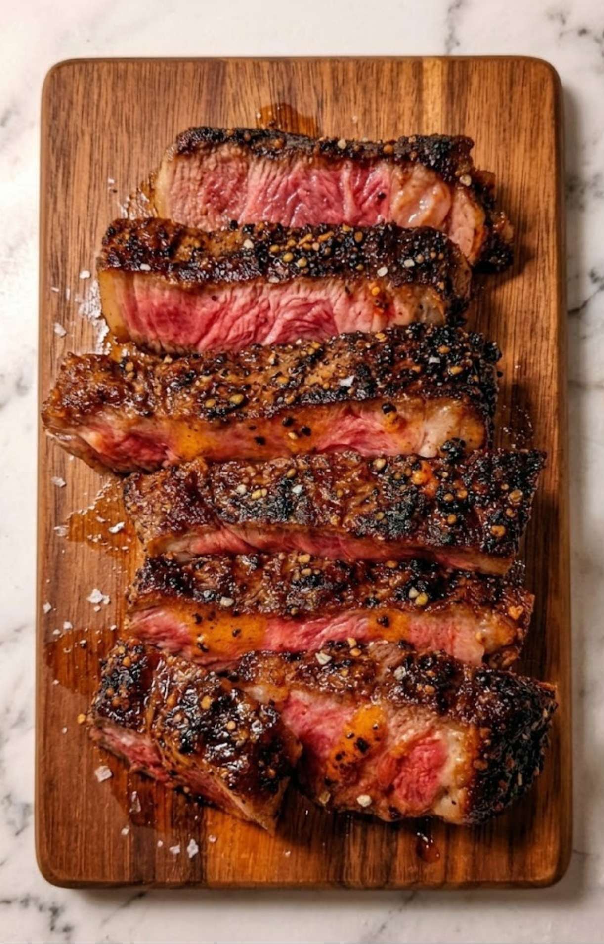 A vertical shot of perfectly sliced smoked tomahawk steak on a wooden board, showcasing the marbling, juices, and coarse salt finish.