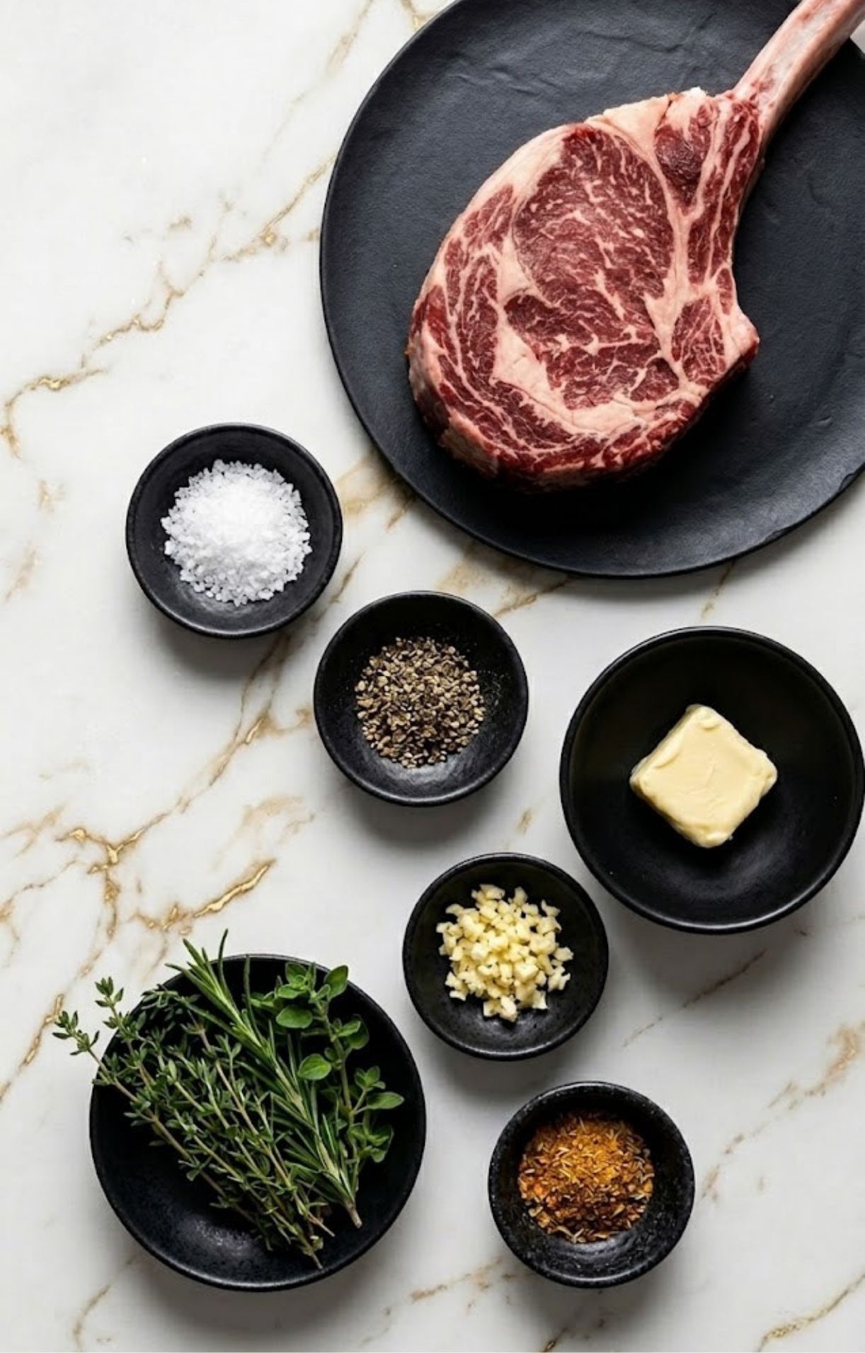 Raw tomahawk steak on a black plate surrounded by small bowls of sea salt, black pepper, butter, minced garlic, dry rub, and fresh rosemary and thyme.