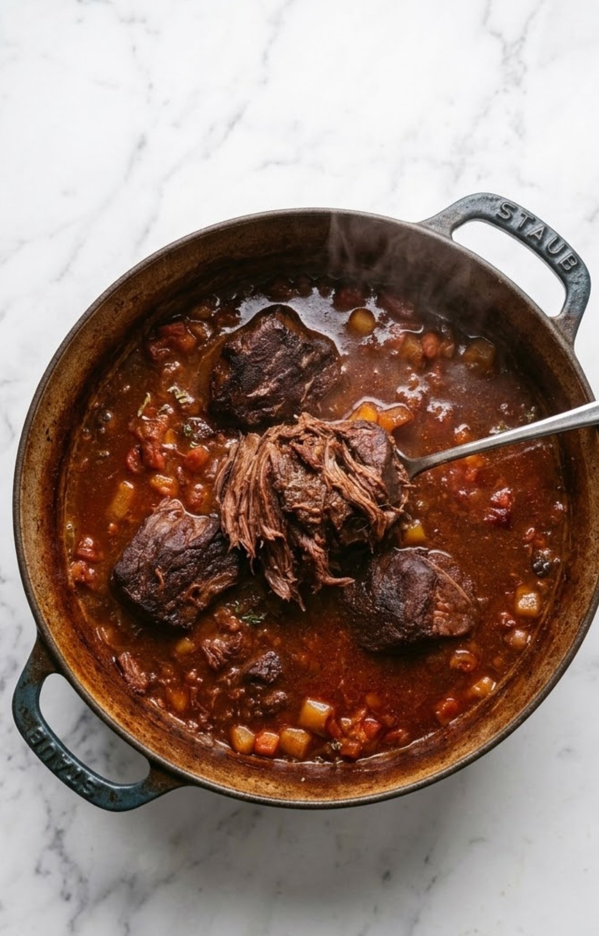 A Staub Dutch oven filled with fork-tender braised beef cheeks in a thick red wine and tomato sauce, showing the meat falling apart.