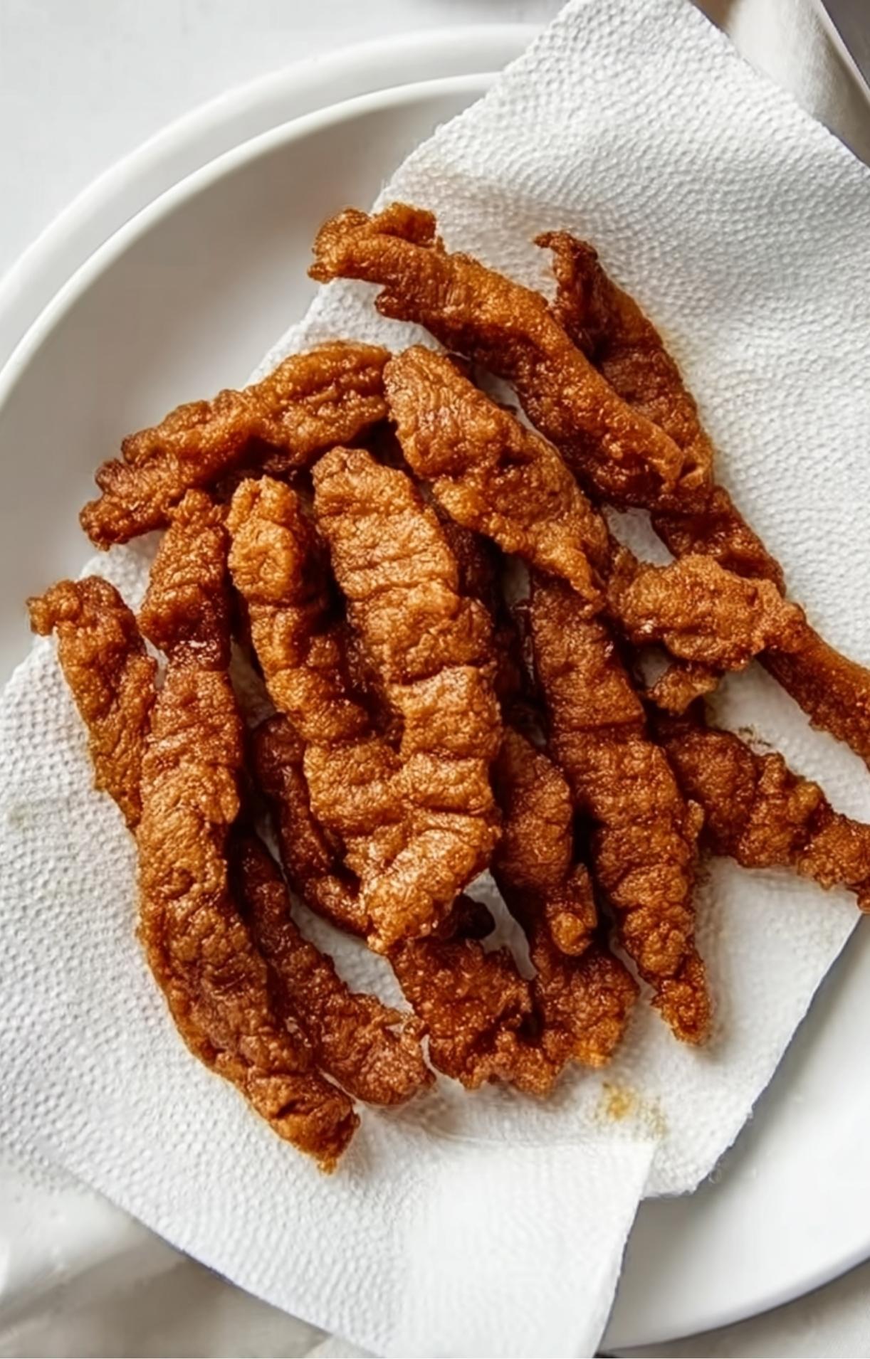 Golden-brown, crispy fried beef strips resting on a white paper towel-lined plate to drain excess oil after being deep-fried.