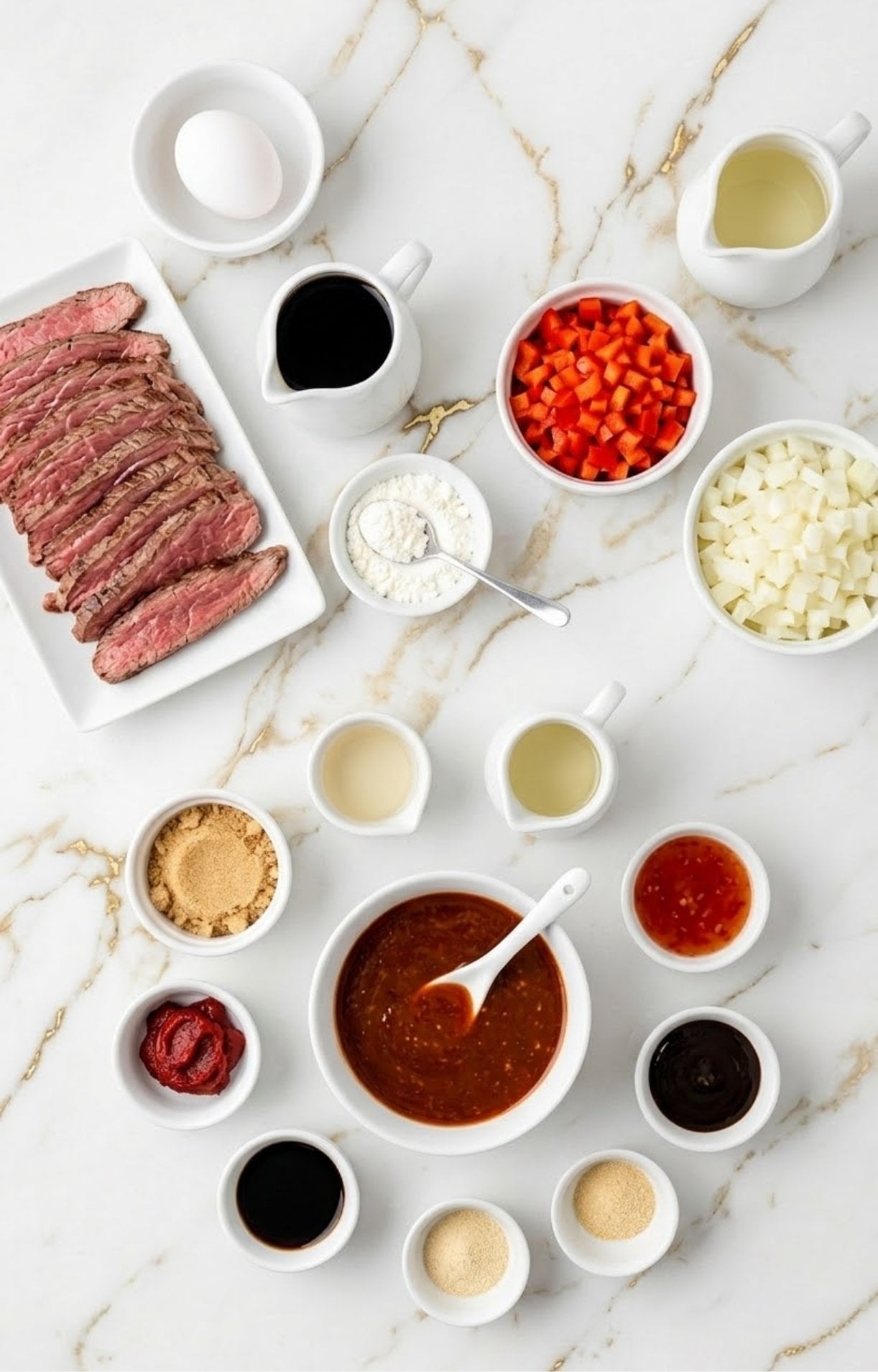 An overhead view of ingredients including sliced steak, egg, cornstarch, soy sauce, peppers, onions, and various seasonings.