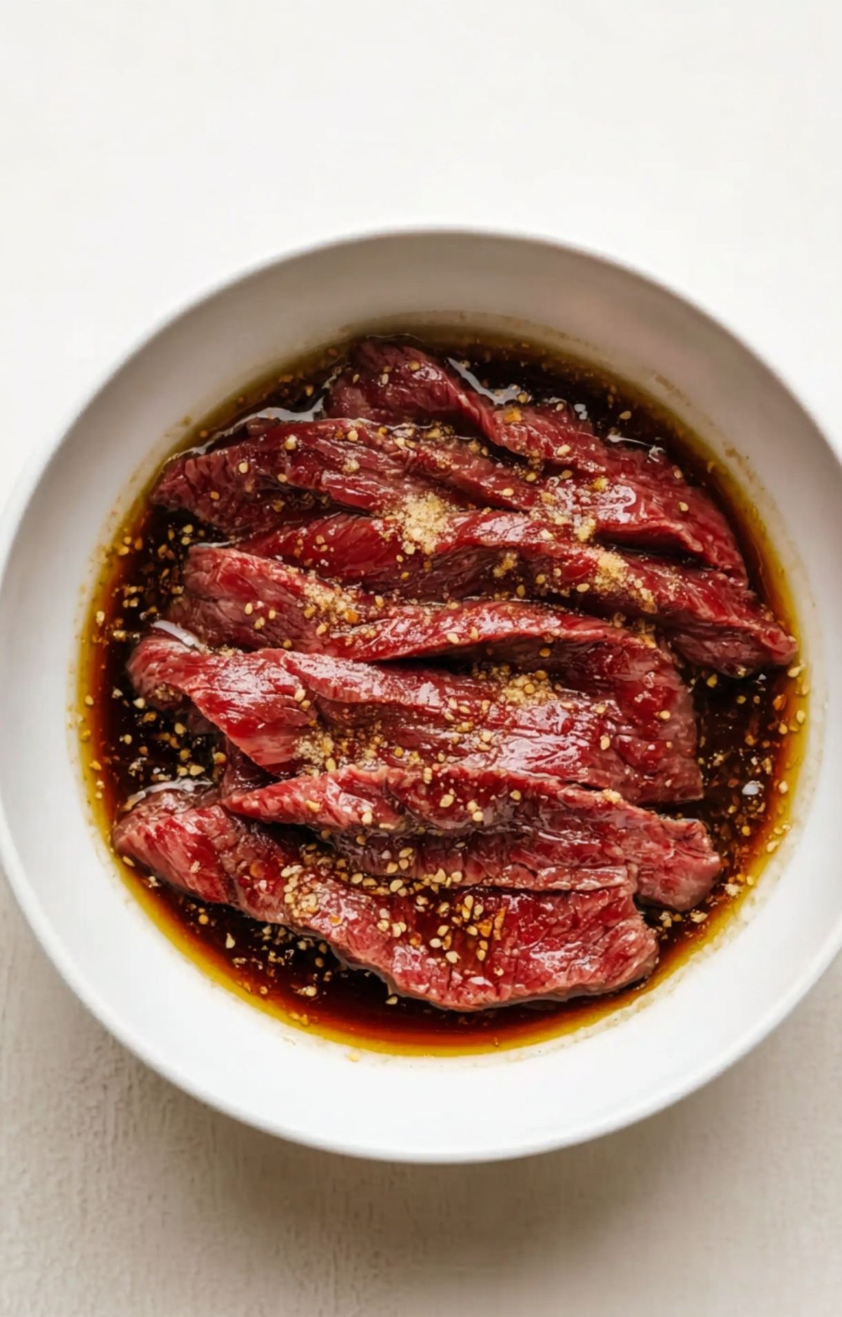 Slices of raw beef soaking in a dark, savory marinade seasoned with minced garlic and ginger in a white bowl.