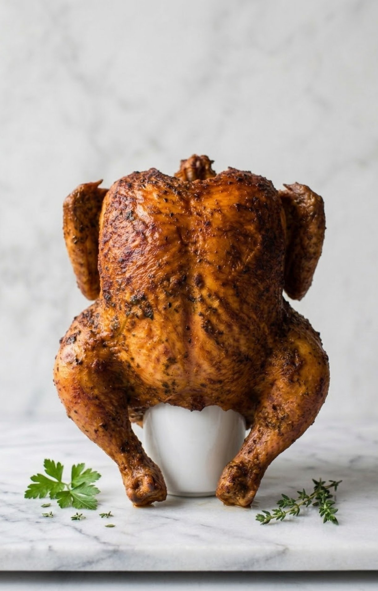 A whole roasted chicken with crispy, golden-brown skin standing upright on a marble surface, garnished with fresh herbs.