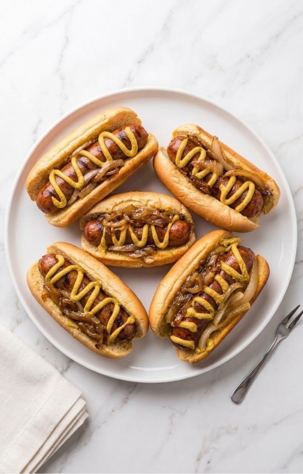 A white platter holding five fully assembled Smoked Beer Brats with onions and mustard, ready to serve.