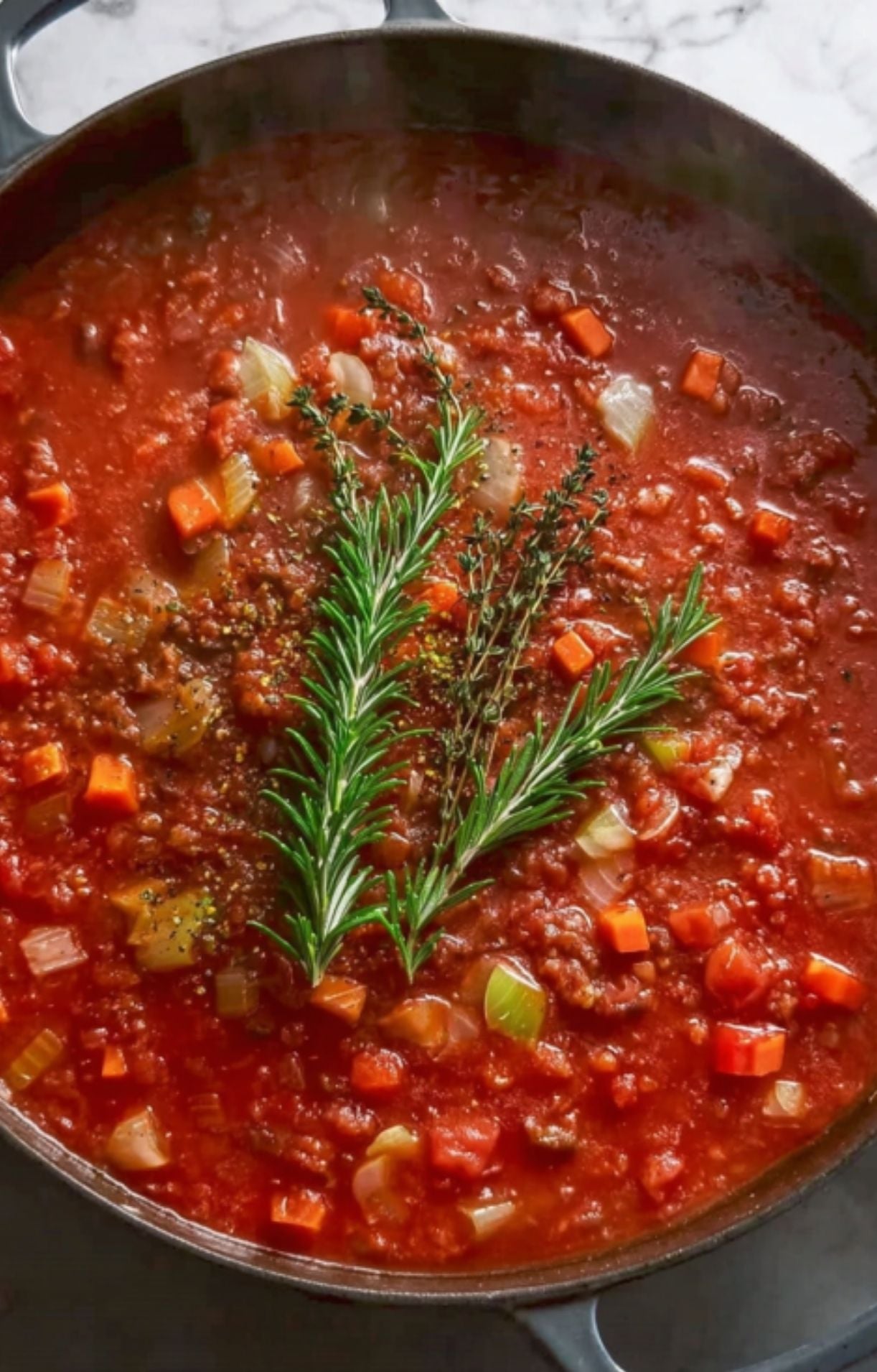 A rich, vibrant red tomato sauce base for Beef Cheek Ragu simmering with fresh rosemary and thyme.