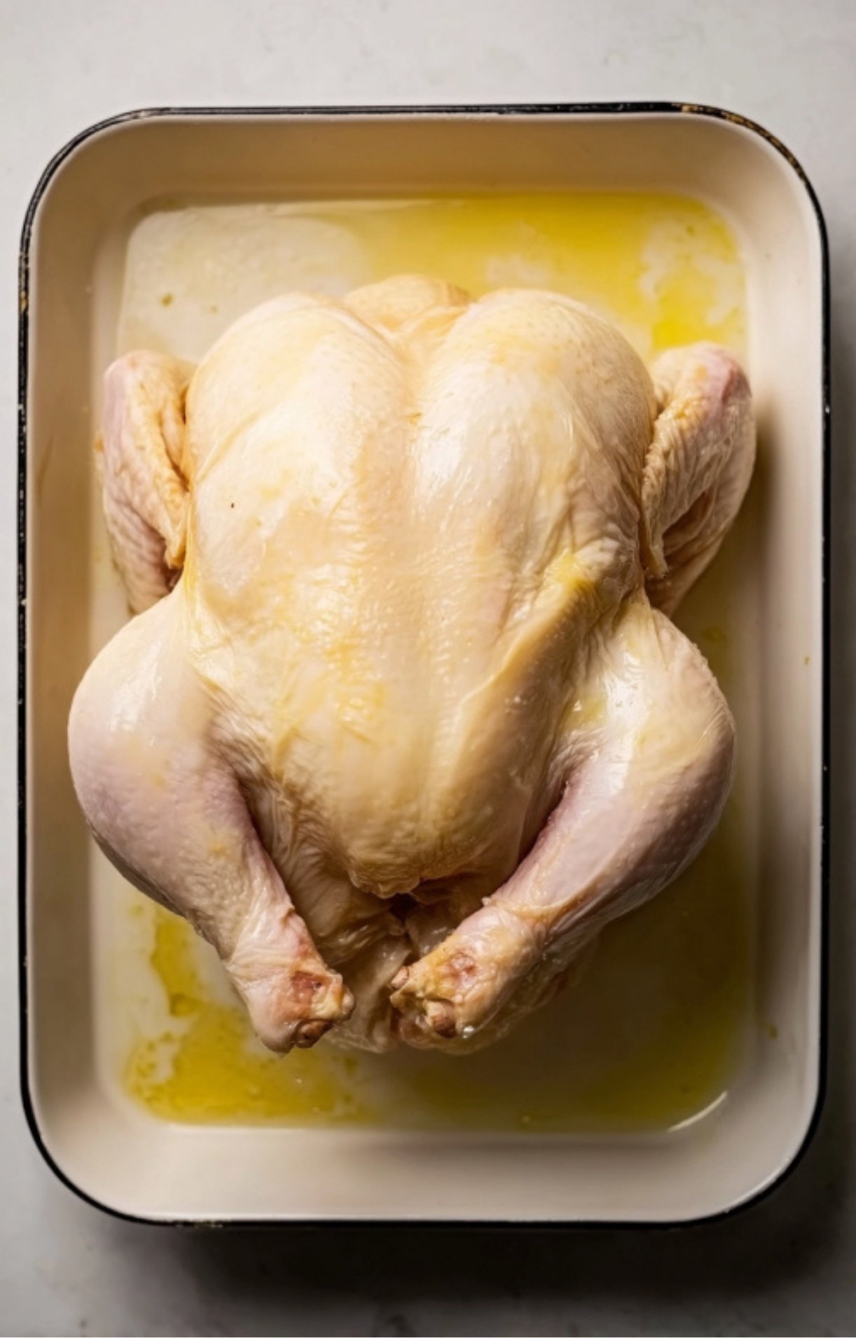 A whole raw chicken placed in a white roasting pan and coated in oil, ready to be seasoned for the beer can chicken oven recipe.