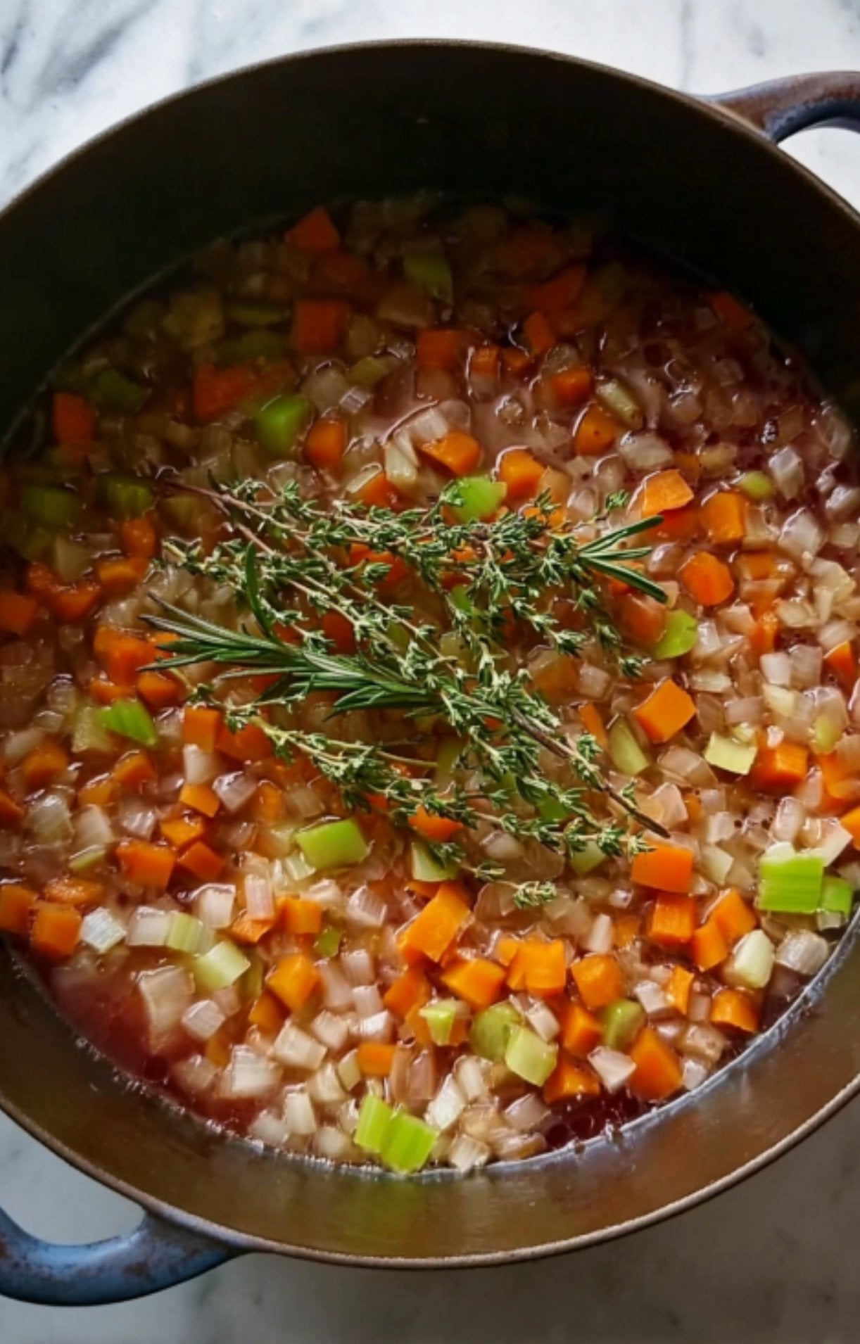 Mirepoix vegetables simmering in liquid with fresh herbs as the pot is deglazed to incorporate flavorful browned bits.