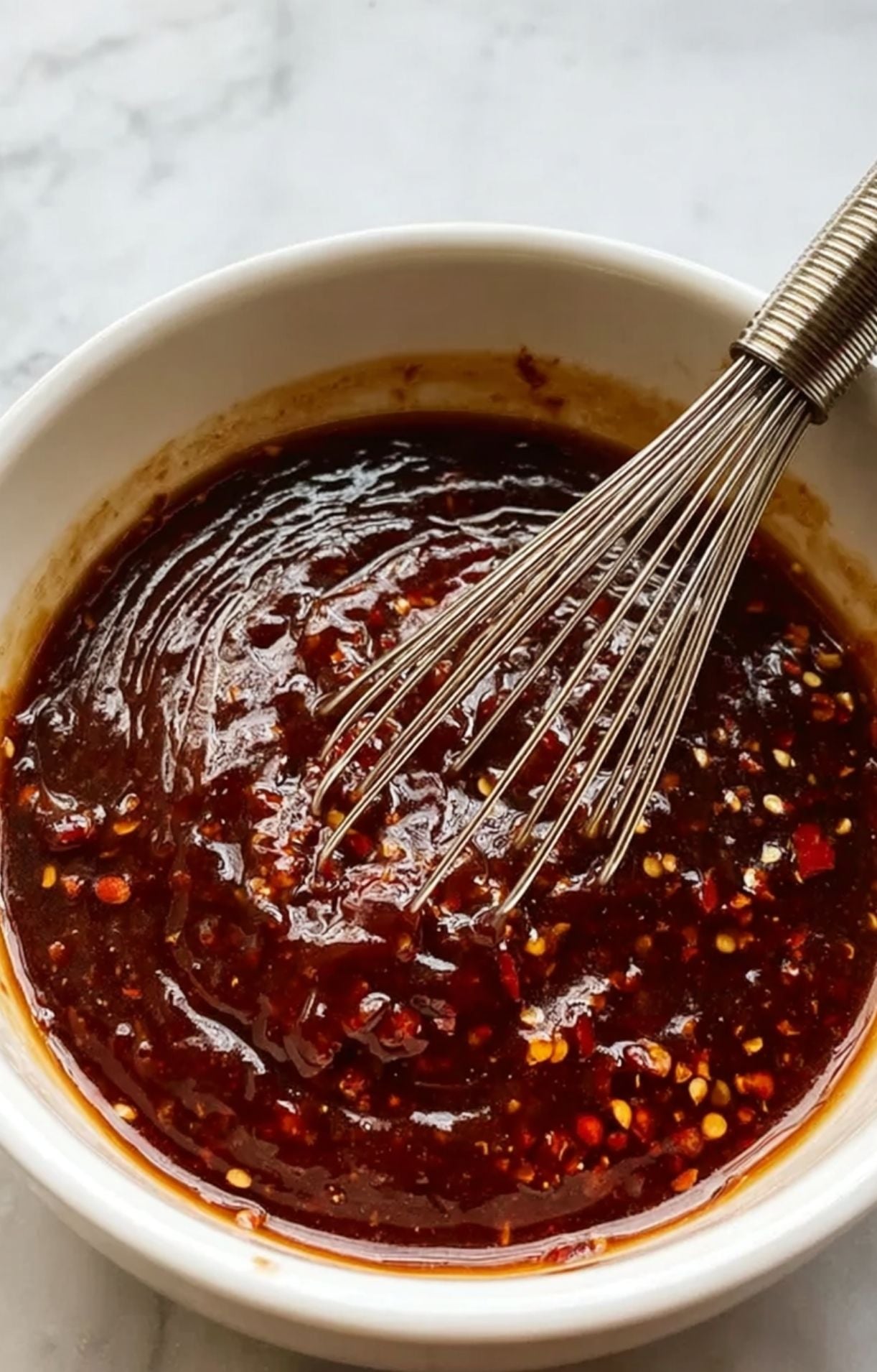 A whisk blending a thick, glossy red chili and soy-based sauce in a white bowl to create the flavor base for Beijing Beef Noodles.