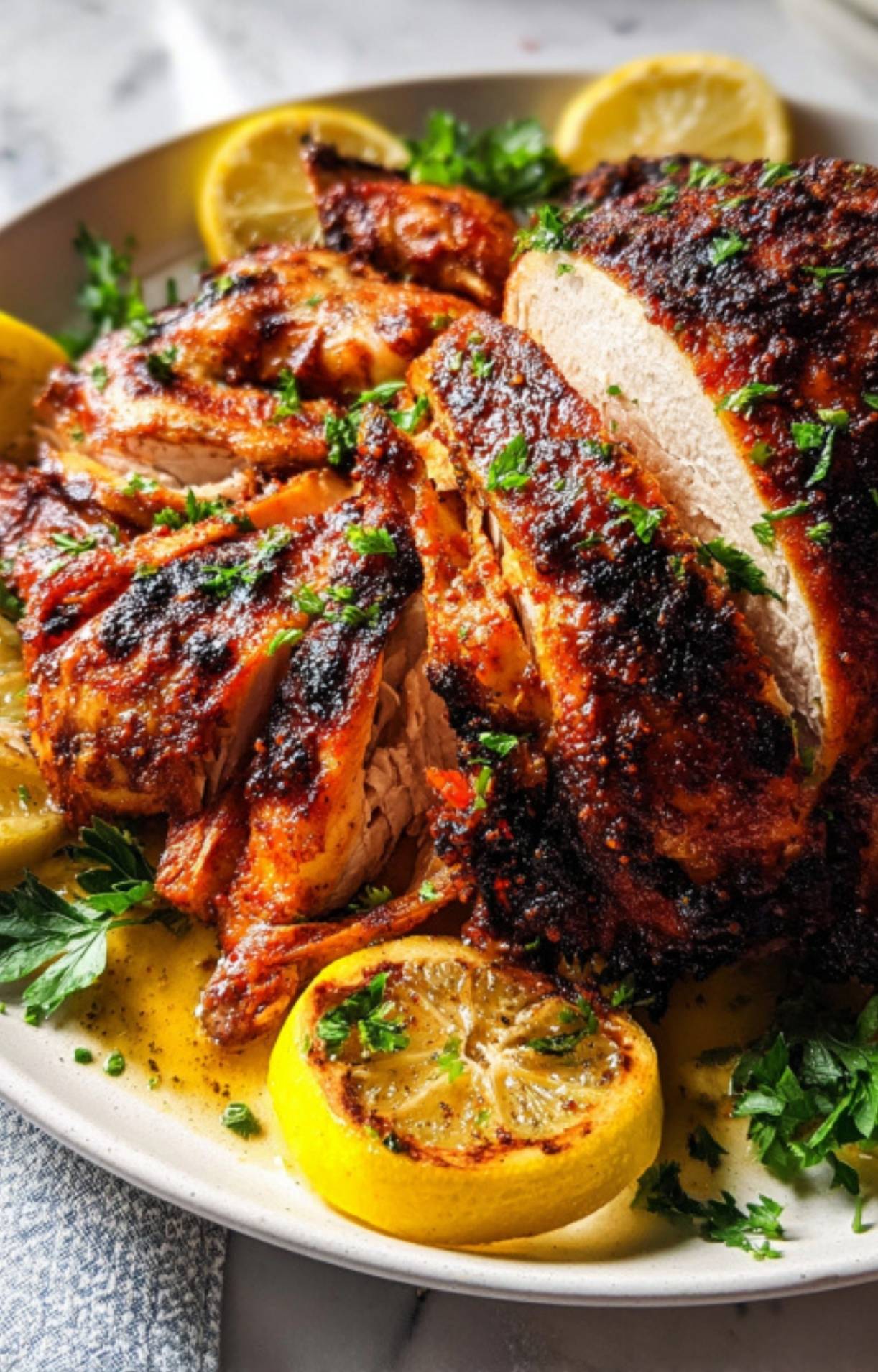 Sliced roasted beer can chicken served on a platter with charred lemon halves and fresh parsley garnish.